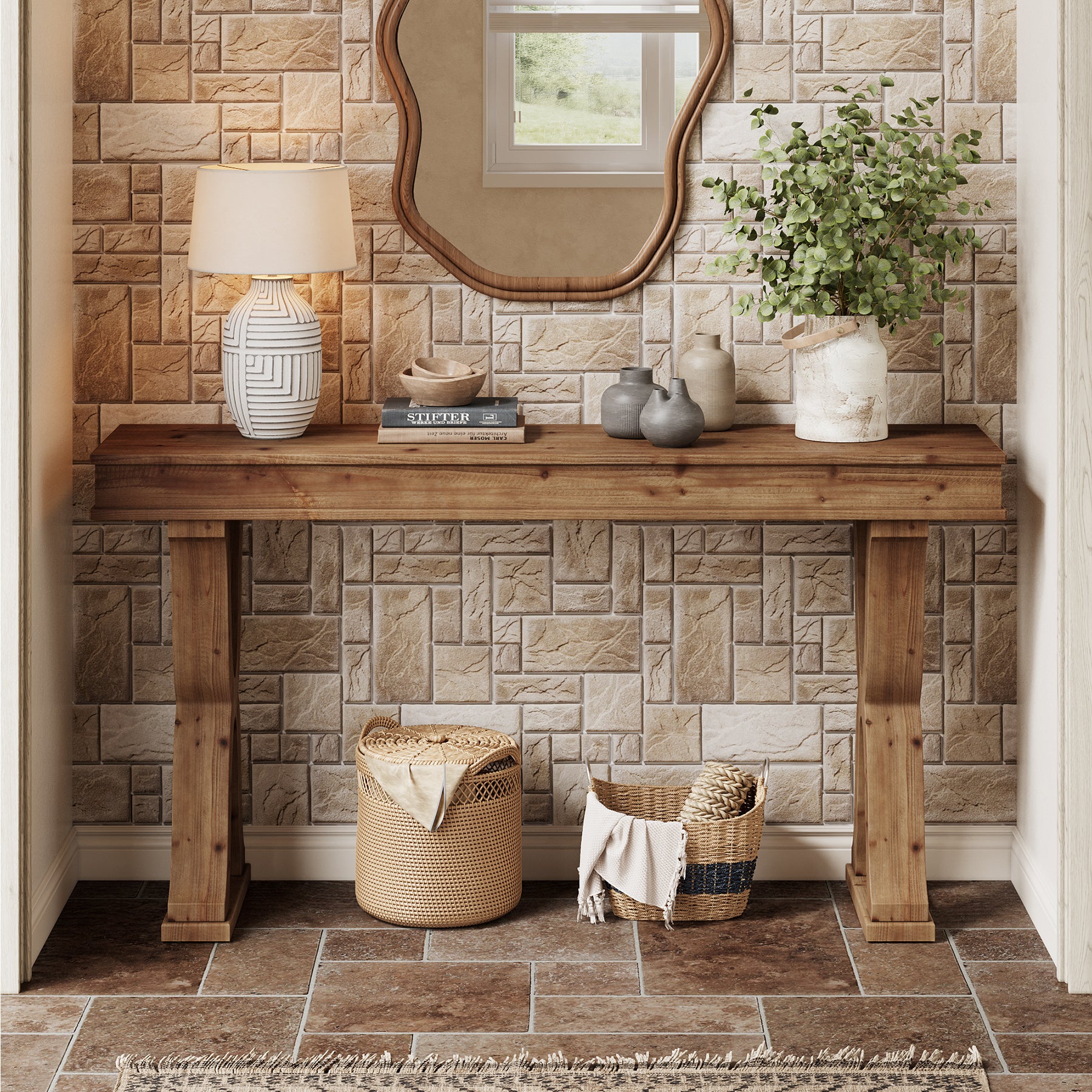 63" Console Table, Solid Wood Sofa Console Entryway Table with X-Shaped Legs