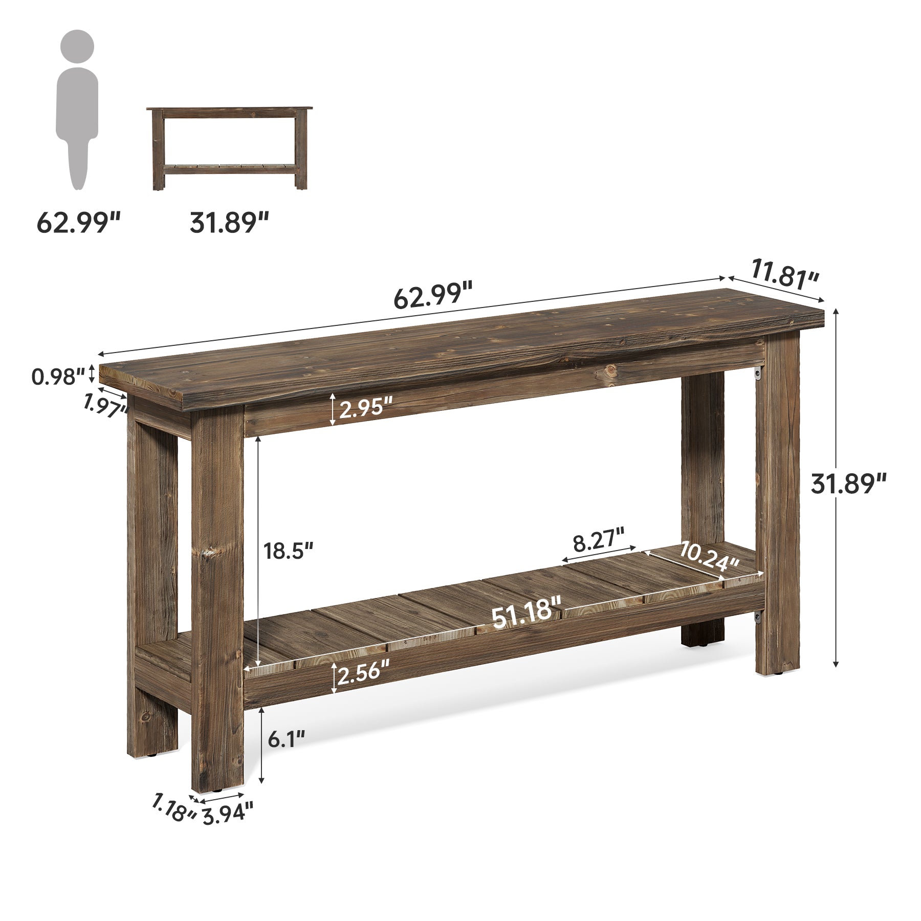 63" Console Table, Solid Wood Sofa Table with 2-Tier Storage Shelf