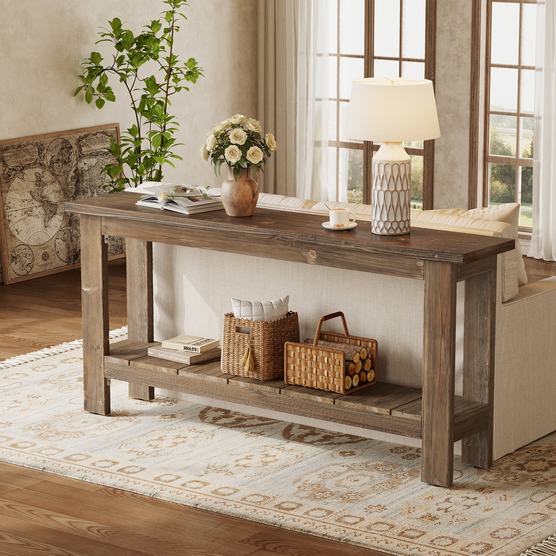 63" Console Table, Solid Wood Sofa Table with 2-Tier Storage Shelf