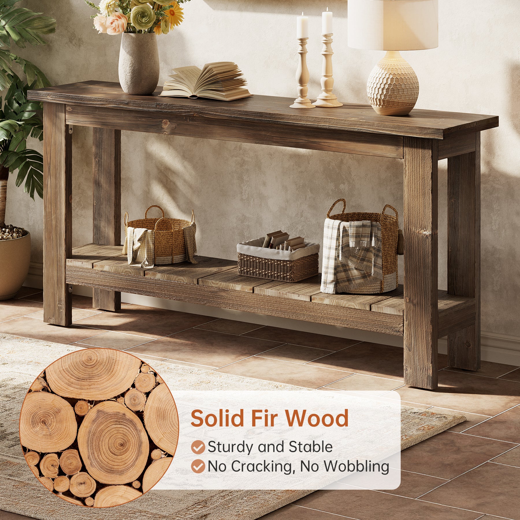 63" Console Table, Solid Wood Sofa Table with 2-Tier Storage Shelf