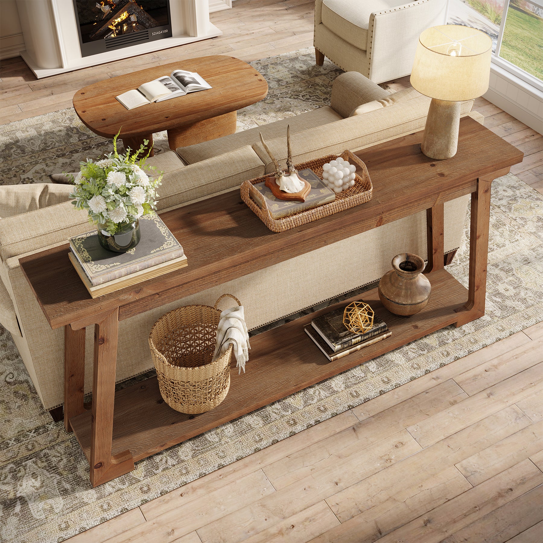63" Console Table, Wood Sofa Table with 2-Tier Storage for Living Room