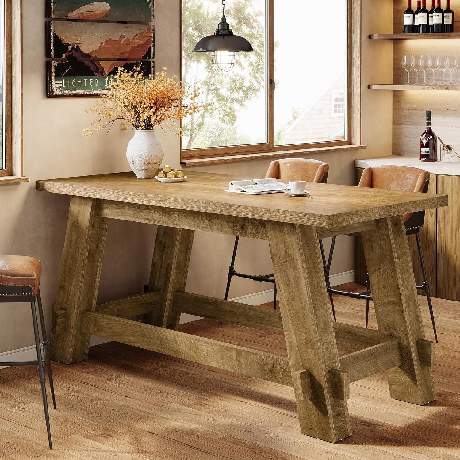 63" Counter Height Bar Table, Rectangular High Top Pub Table Home Bar Unit with Footrest