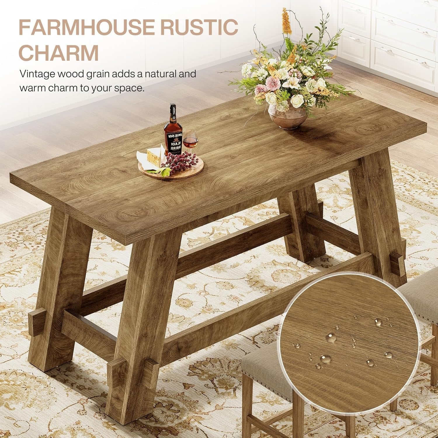 63" Counter Height Bar Table, Rectangular High Top Pub Table Home Bar Unit with Footrest