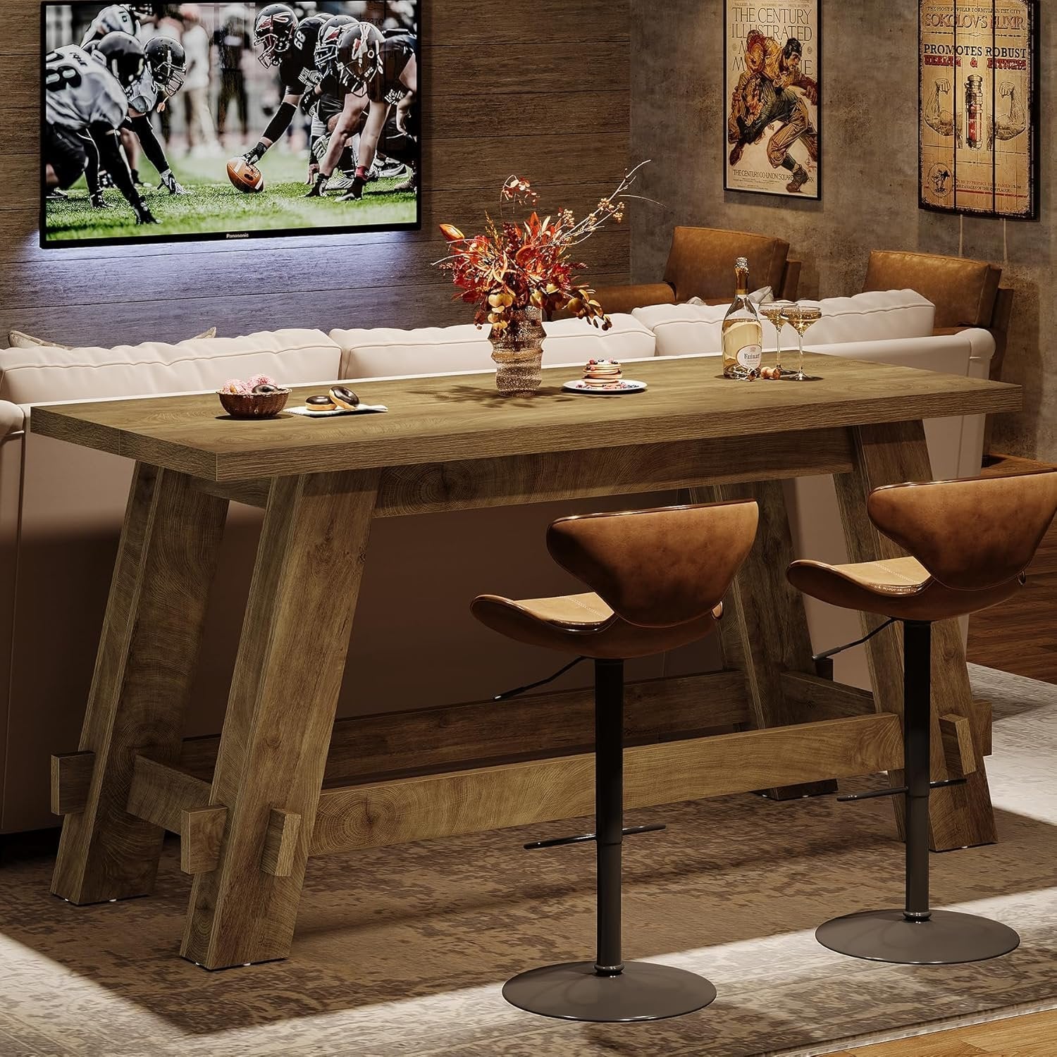 63" Counter Height Bar Table, Rectangular High Top Pub Table Home Bar Unit with Footrest