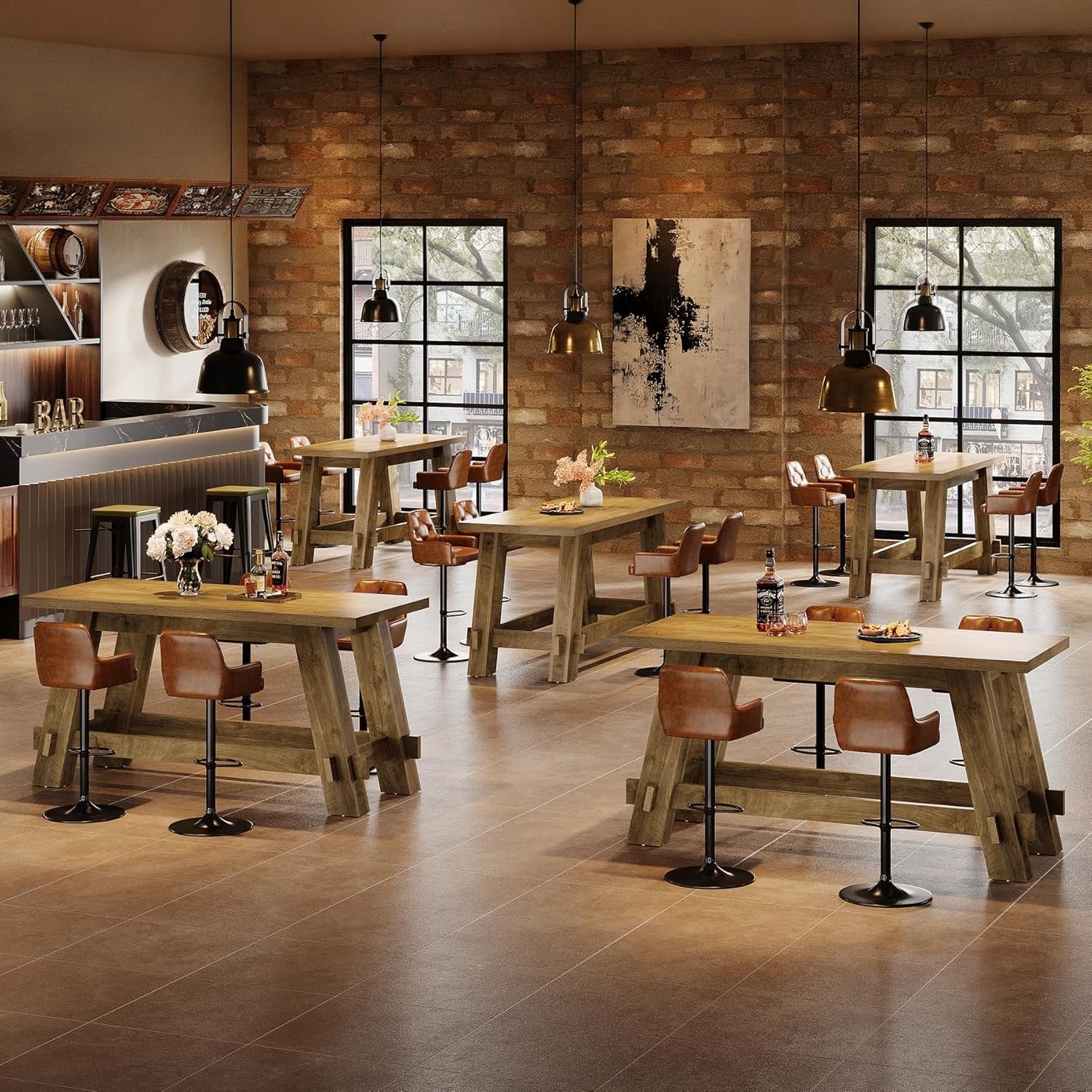 63" Counter Height Bar Table, Rectangular High Top Pub Table Home Bar Unit with Footrest