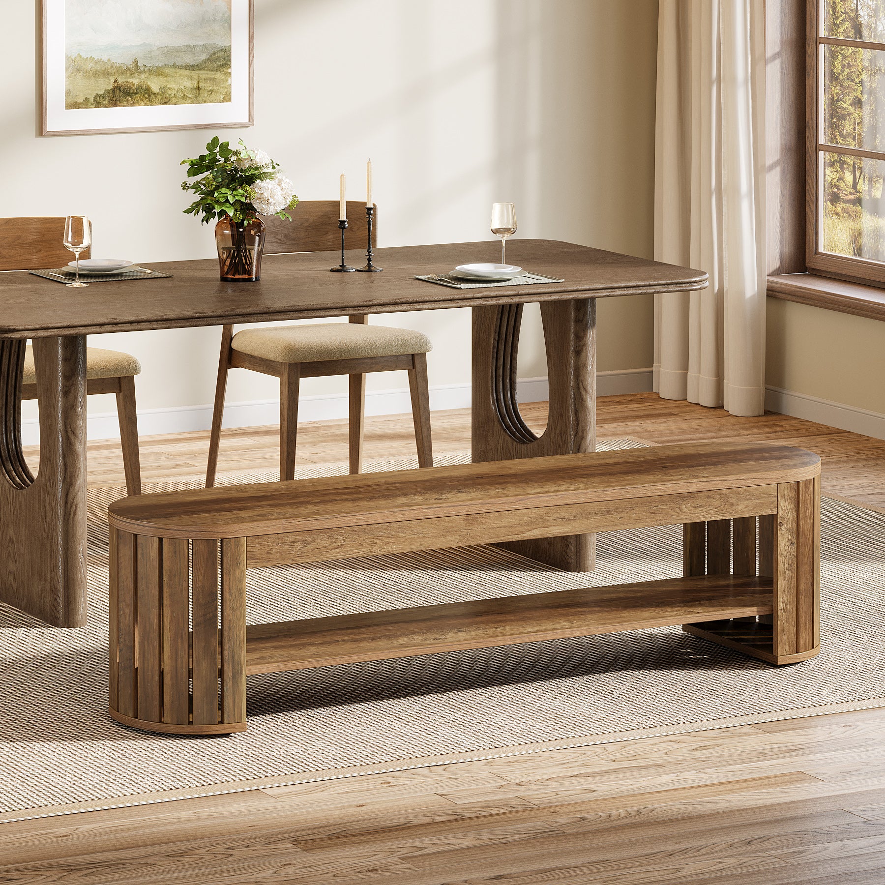 63" Dining Bench, Farmhouse Kitchen Dining Seat with Arc Vertical Slat Splicing Legs