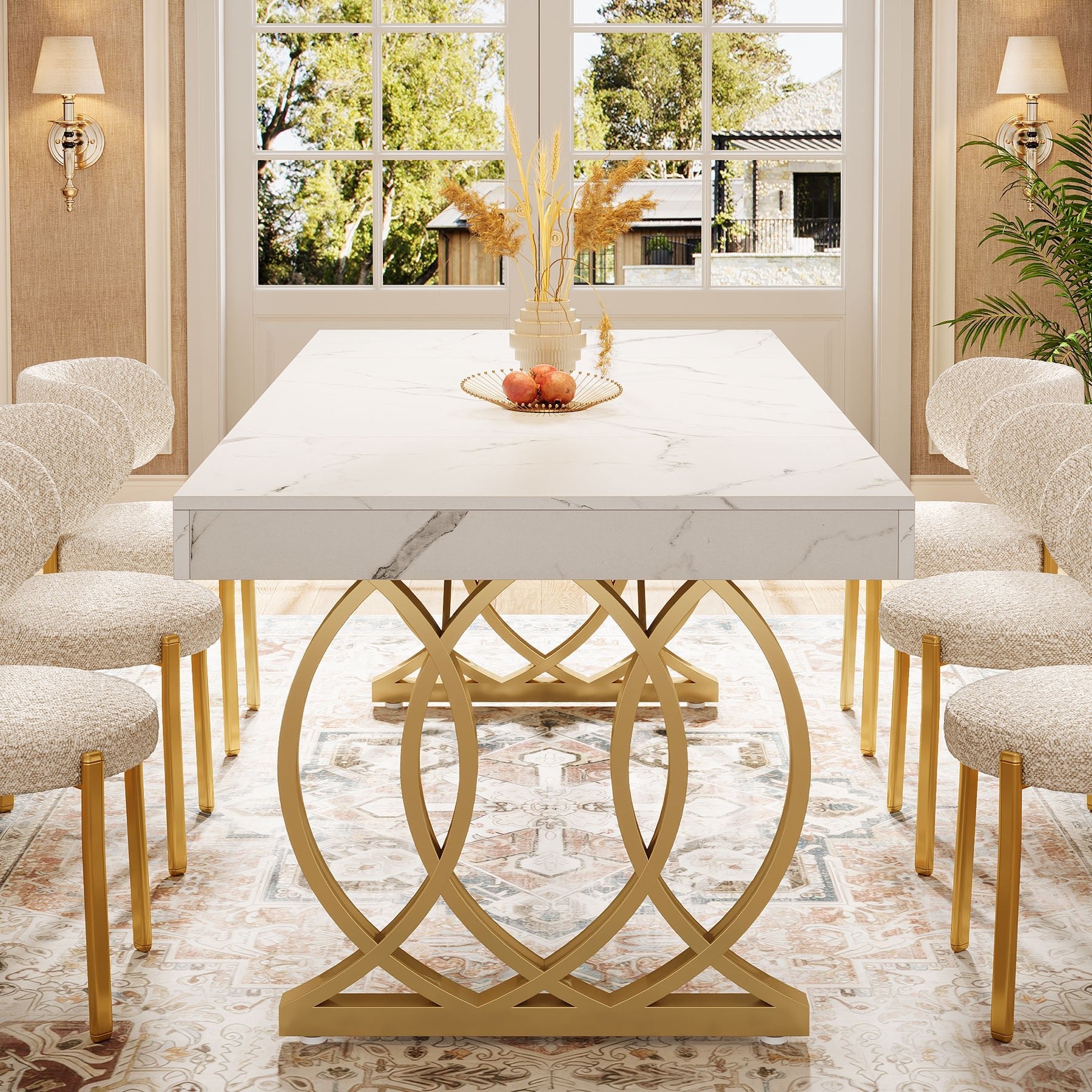 63" Dining Table, Modern Kitchen Table with Faux Marble Tabletop for 4-6