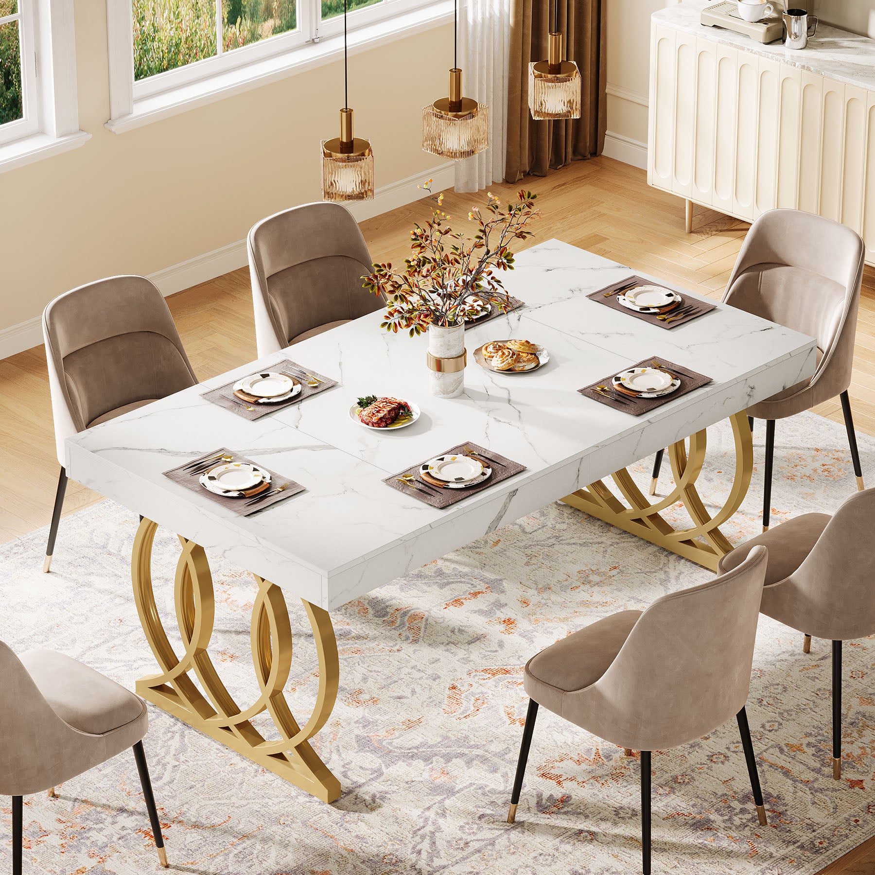 63" Dining Table, Modern Kitchen Table with Faux Marble Tabletop for 4-6