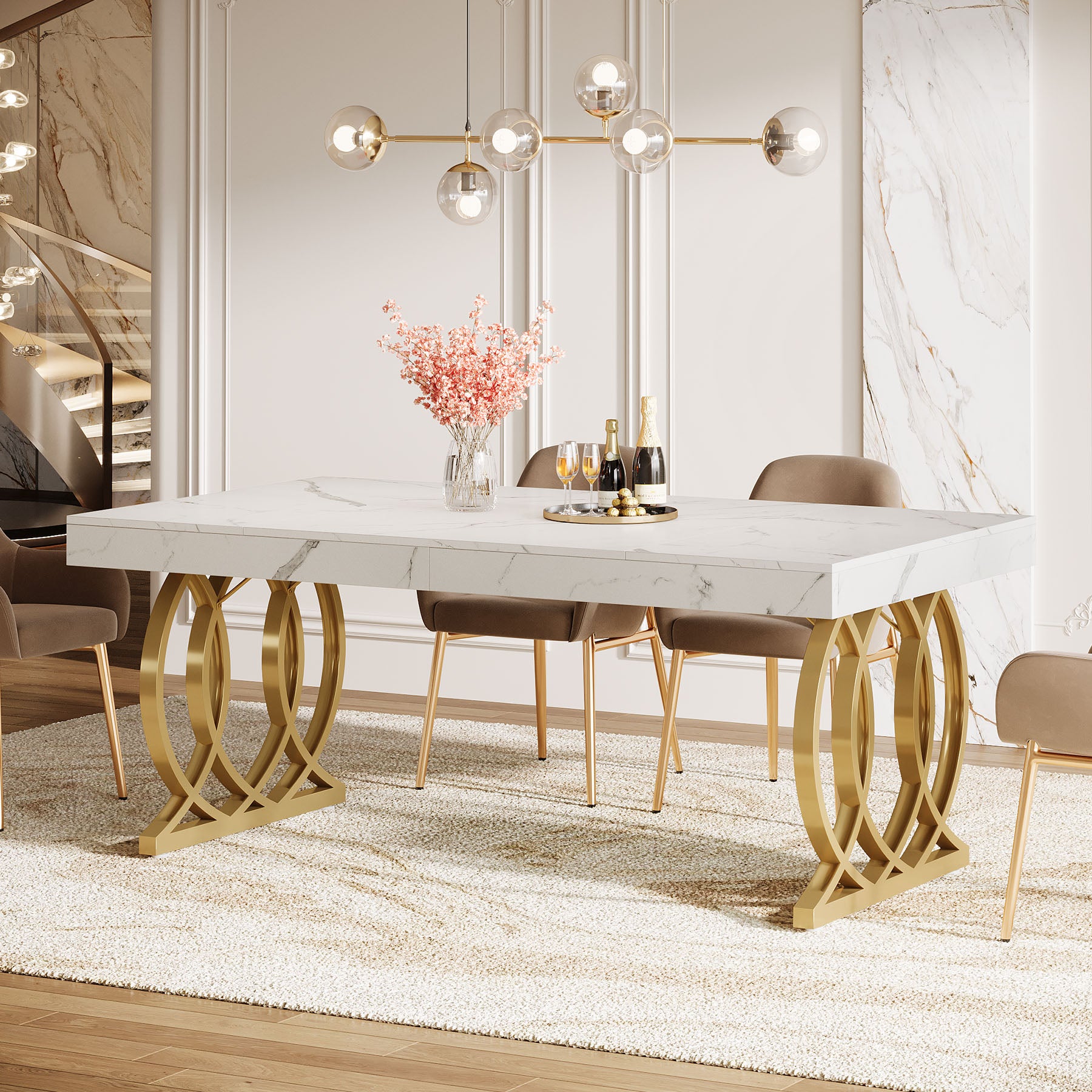 63" Dining Table, Modern Kitchen Table with Faux Marble Tabletop for 4-6