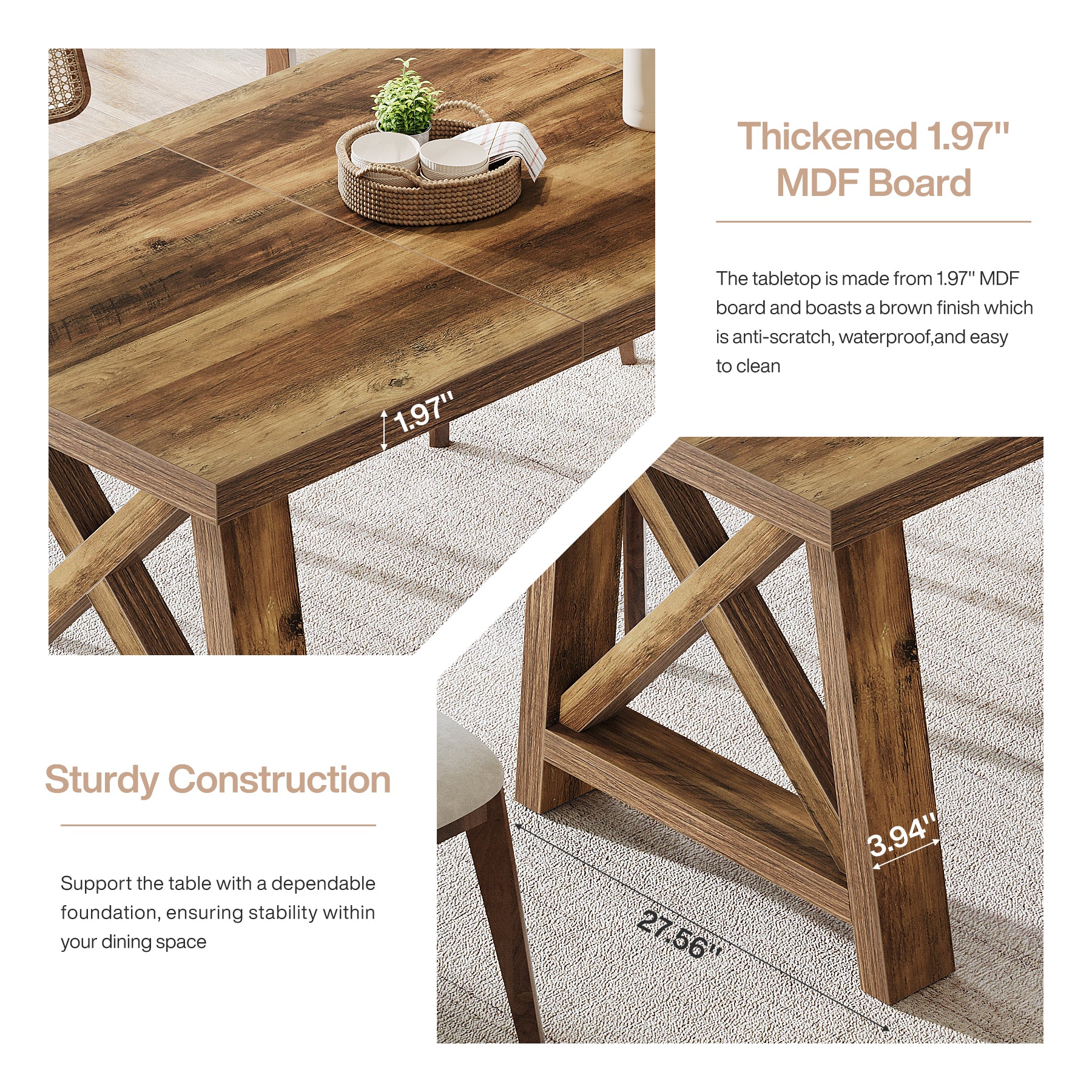 63" Dining Table, Rectangle Kitchen Table with X-Shaped Legs for 4 to 6