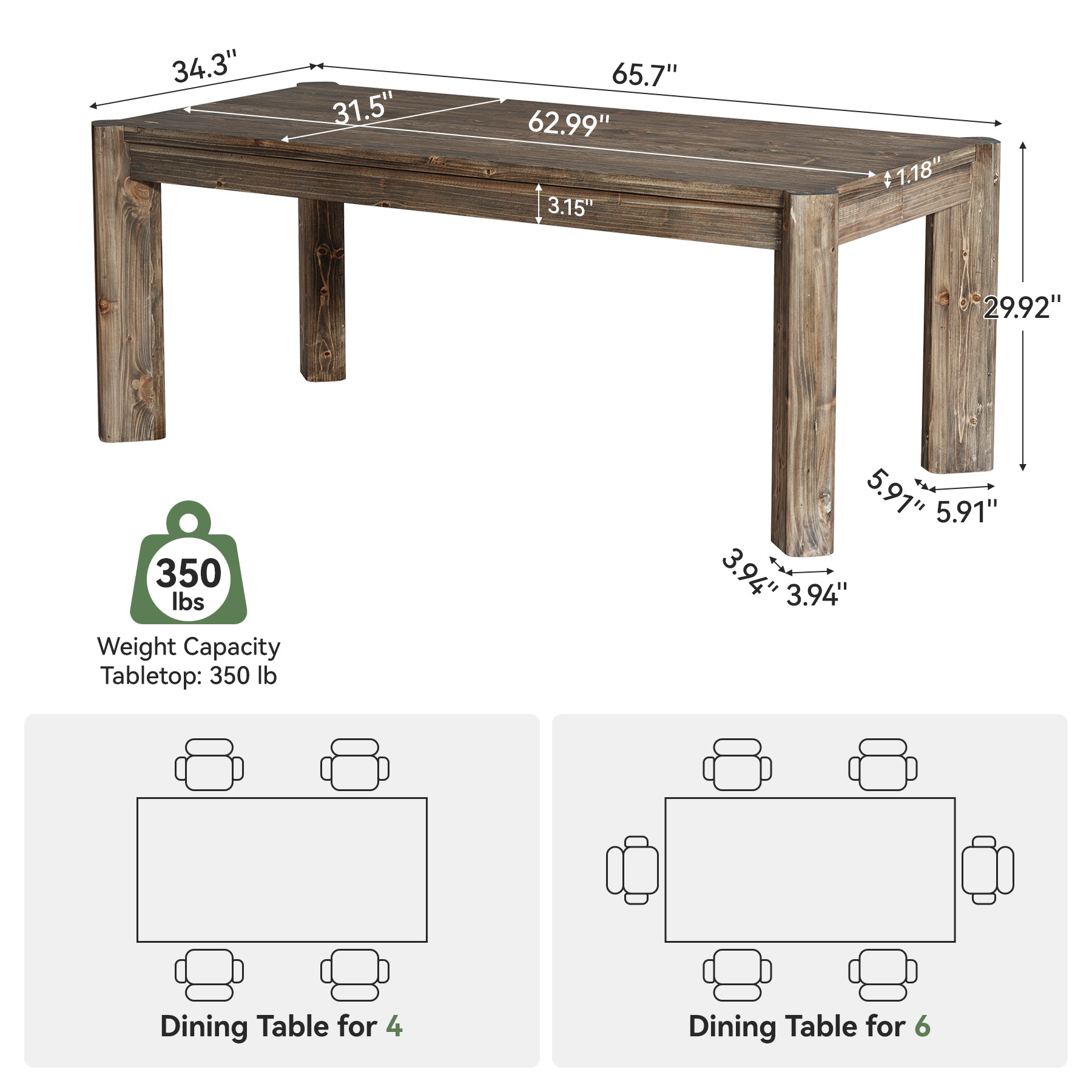 63" Dining Table, Solid Wood Kitchen Table with Heavy Duty Legs for 6 People