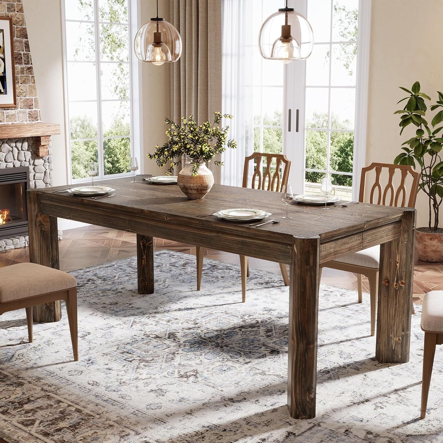 63" Dining Table, Solid Wood Kitchen Table with Heavy Duty Legs for 6 People