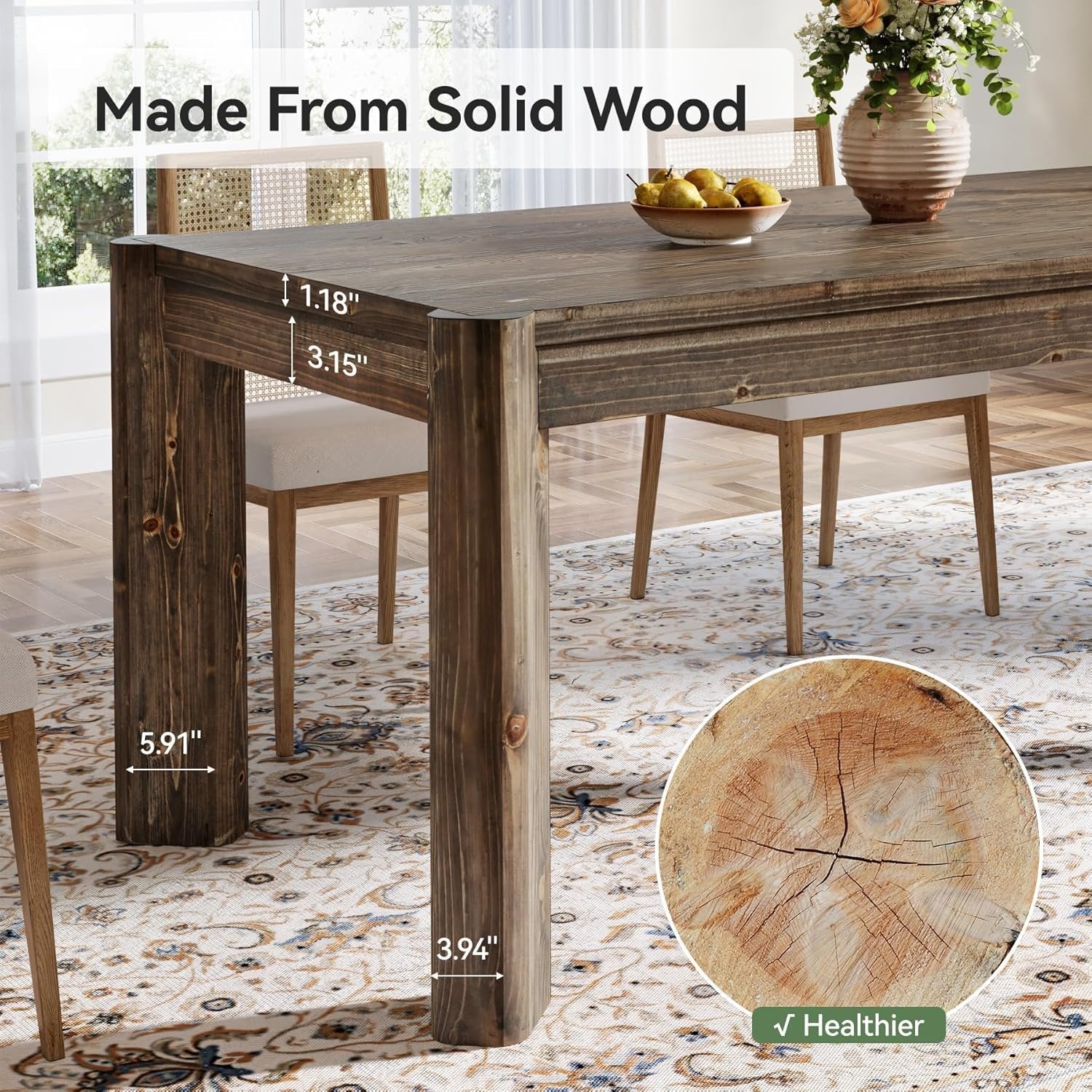 63" Dining Table, Solid Wood Kitchen Table with Heavy Duty Legs for 6 People