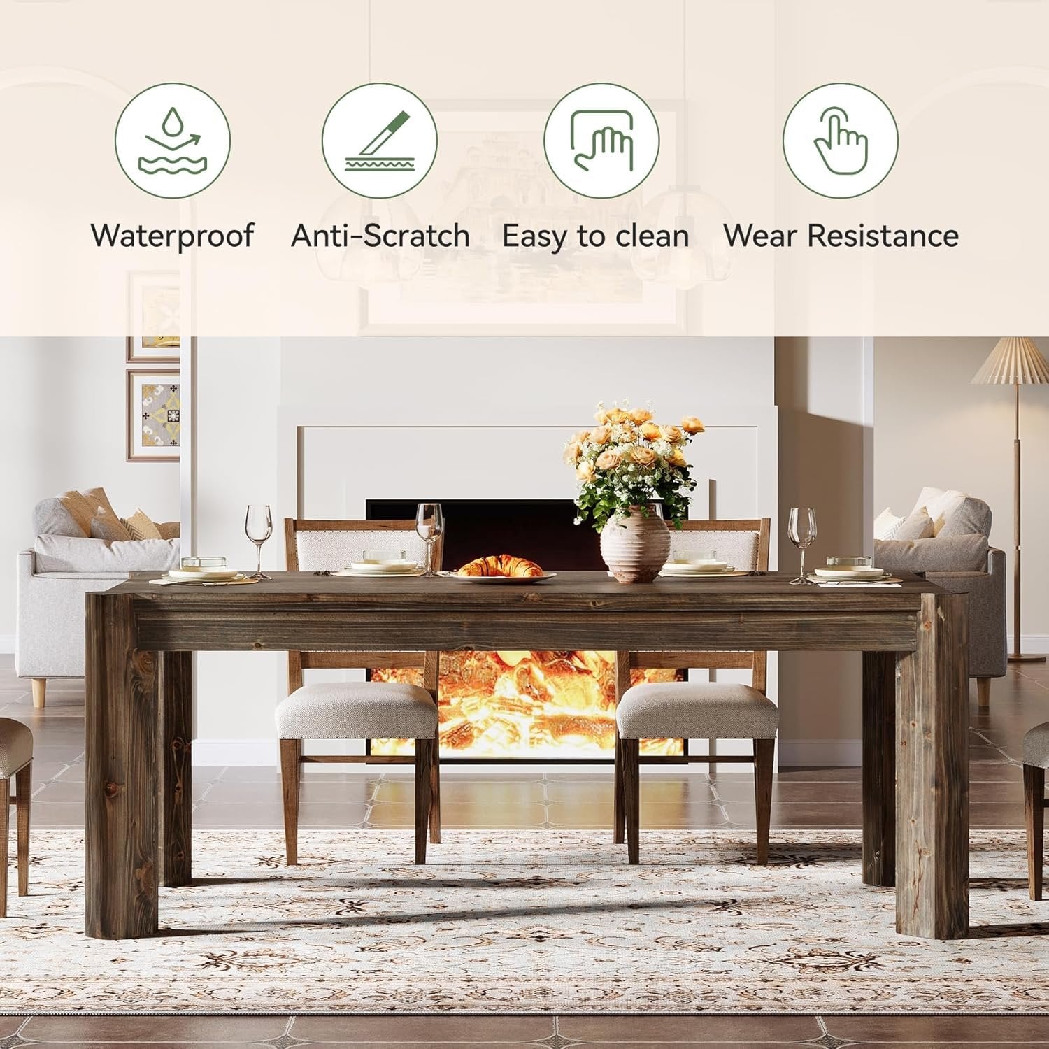 63" Dining Table, Solid Wood Kitchen Table with Heavy Duty Legs for 6 People