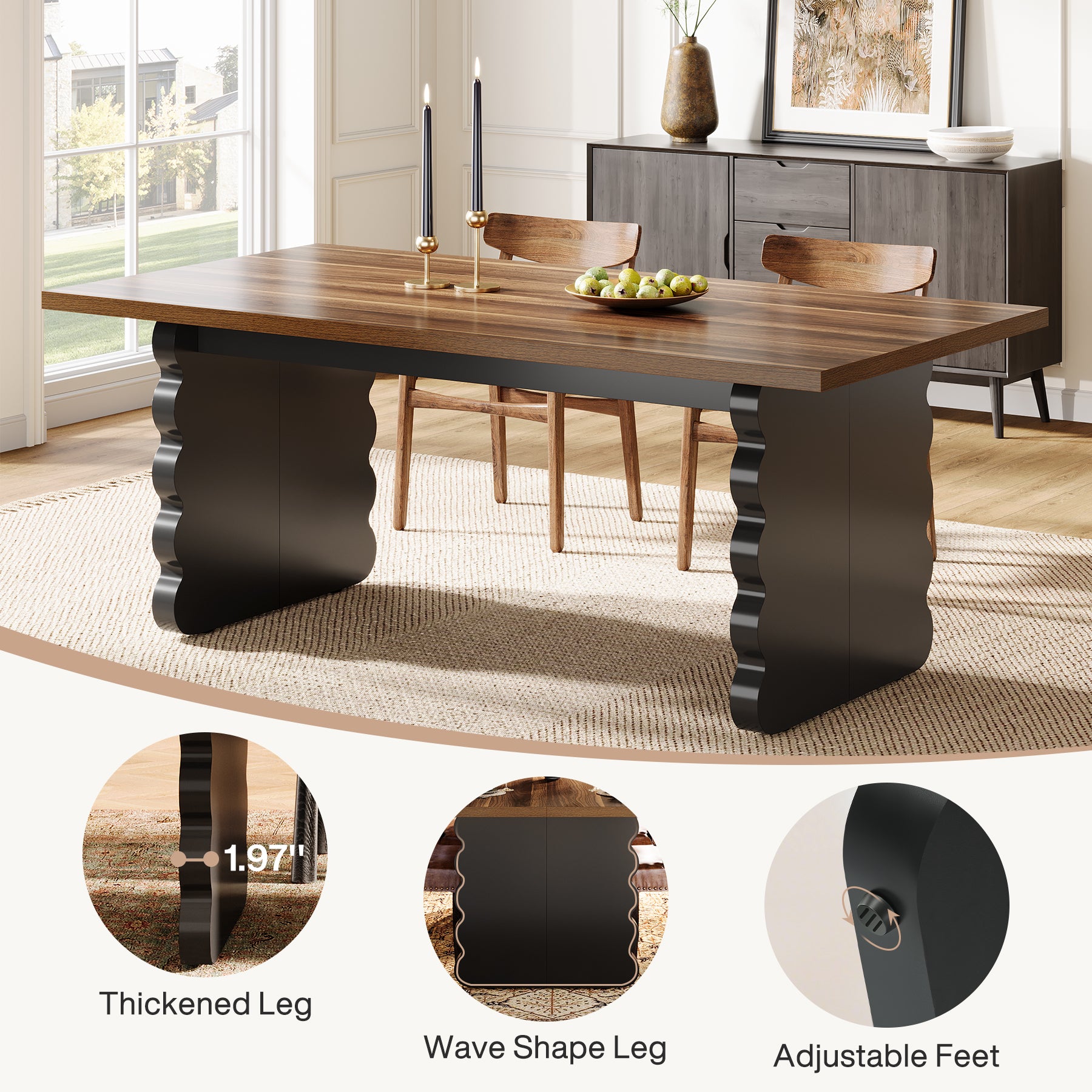 63" Dining Table, Wooden Rectangular Kitchen Table for 4-6 People