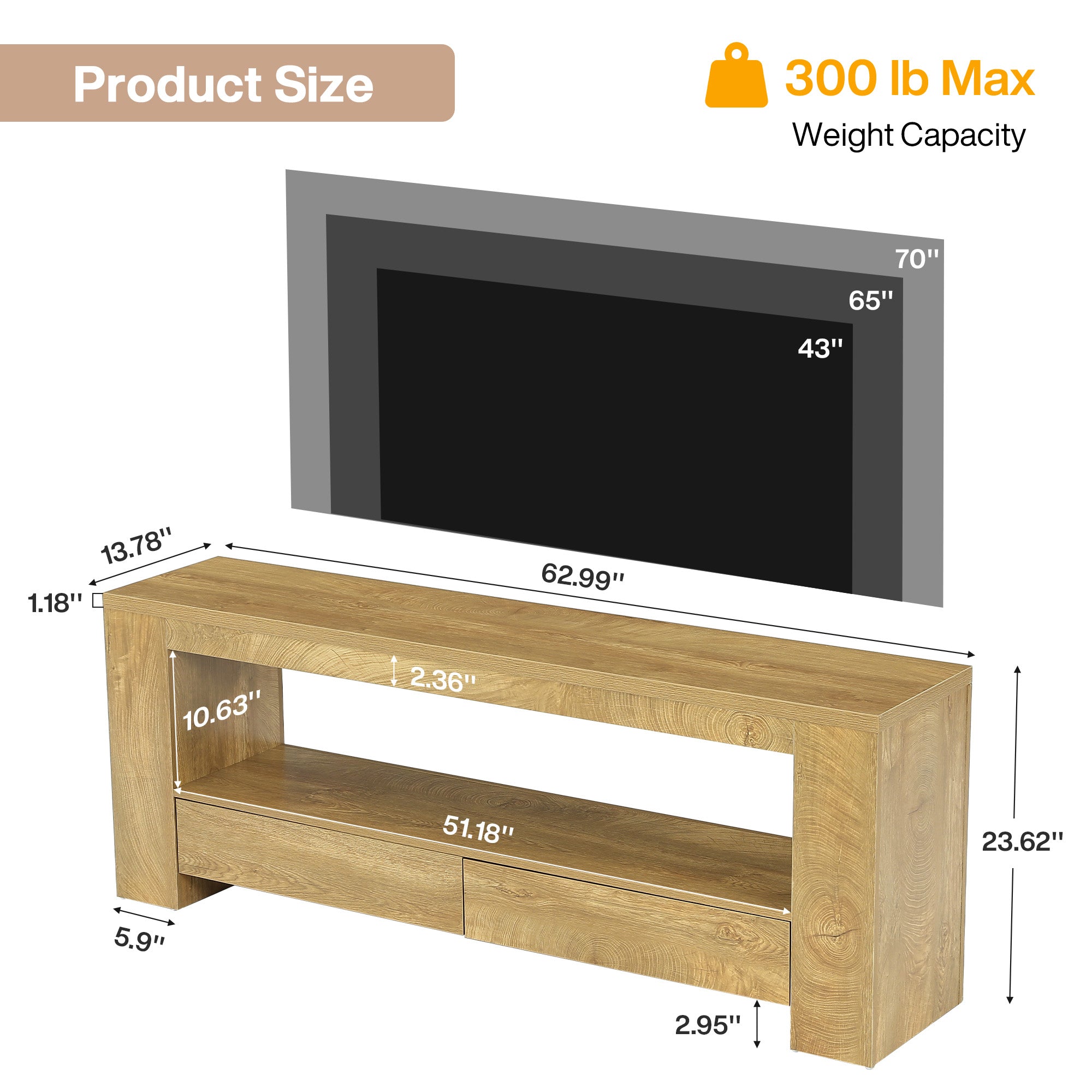 63" Entertainment Center for TVs up to 75",  Media Console with Storage Shelf for Living Room