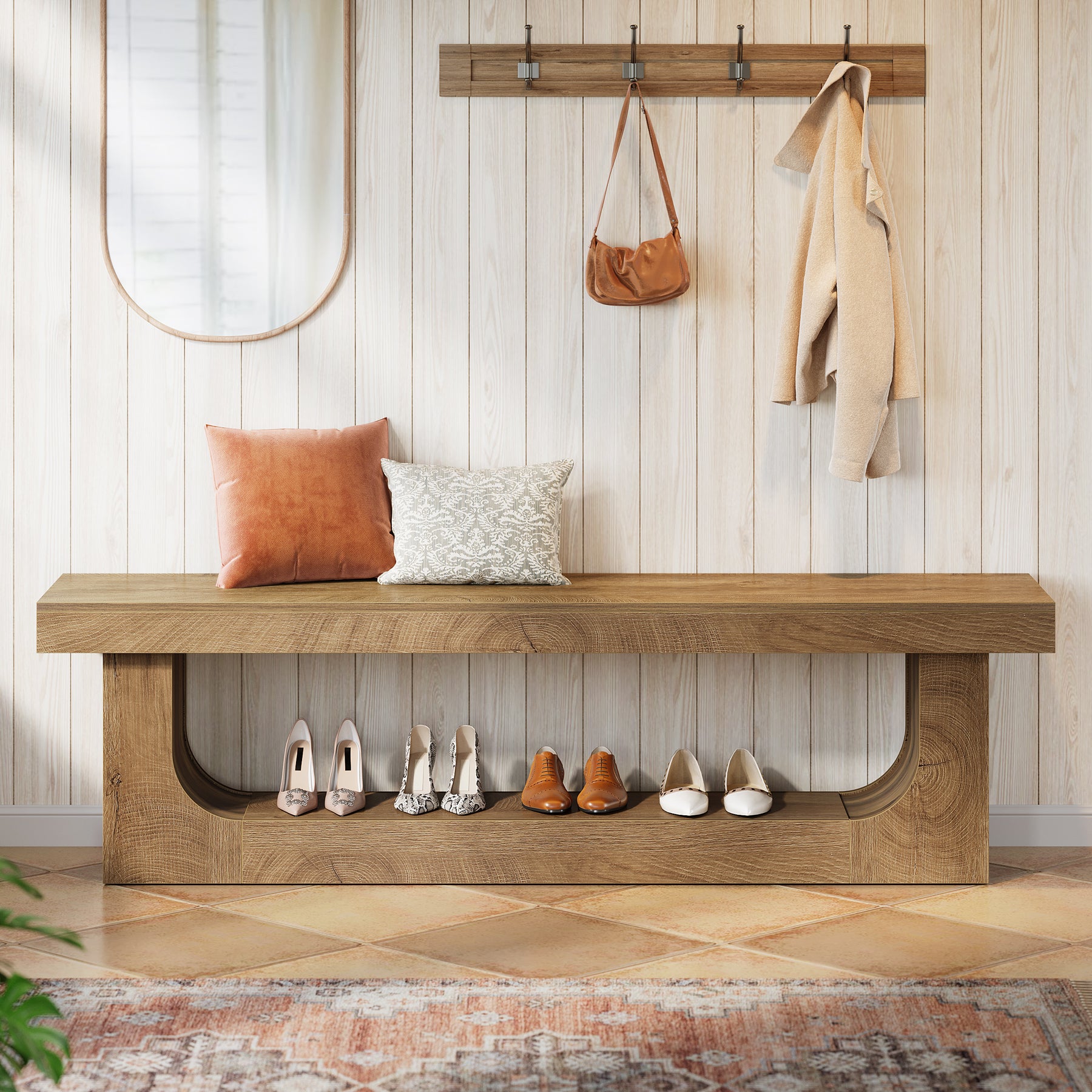 63" Entryway Bench, Large 2-Tier Hallway Foyer Shoe Bench with Storage