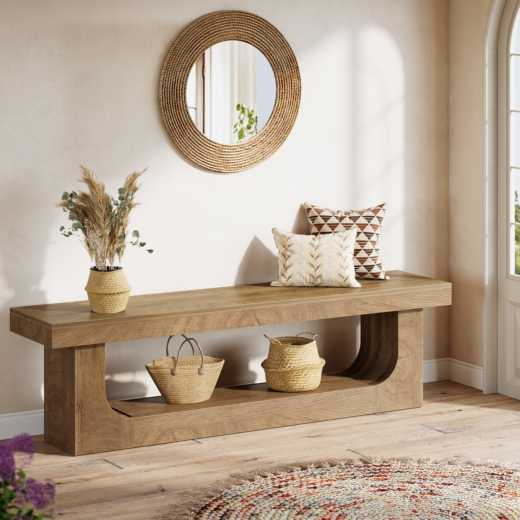 63" Entryway Bench, Large 2-Tier Hallway Foyer Shoe Bench with Storage