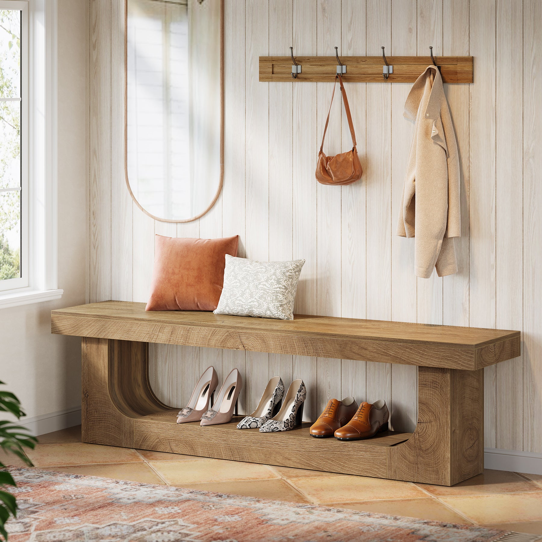 63" Entryway Bench, Large 2-Tier Hallway Foyer Shoe Bench with Storage