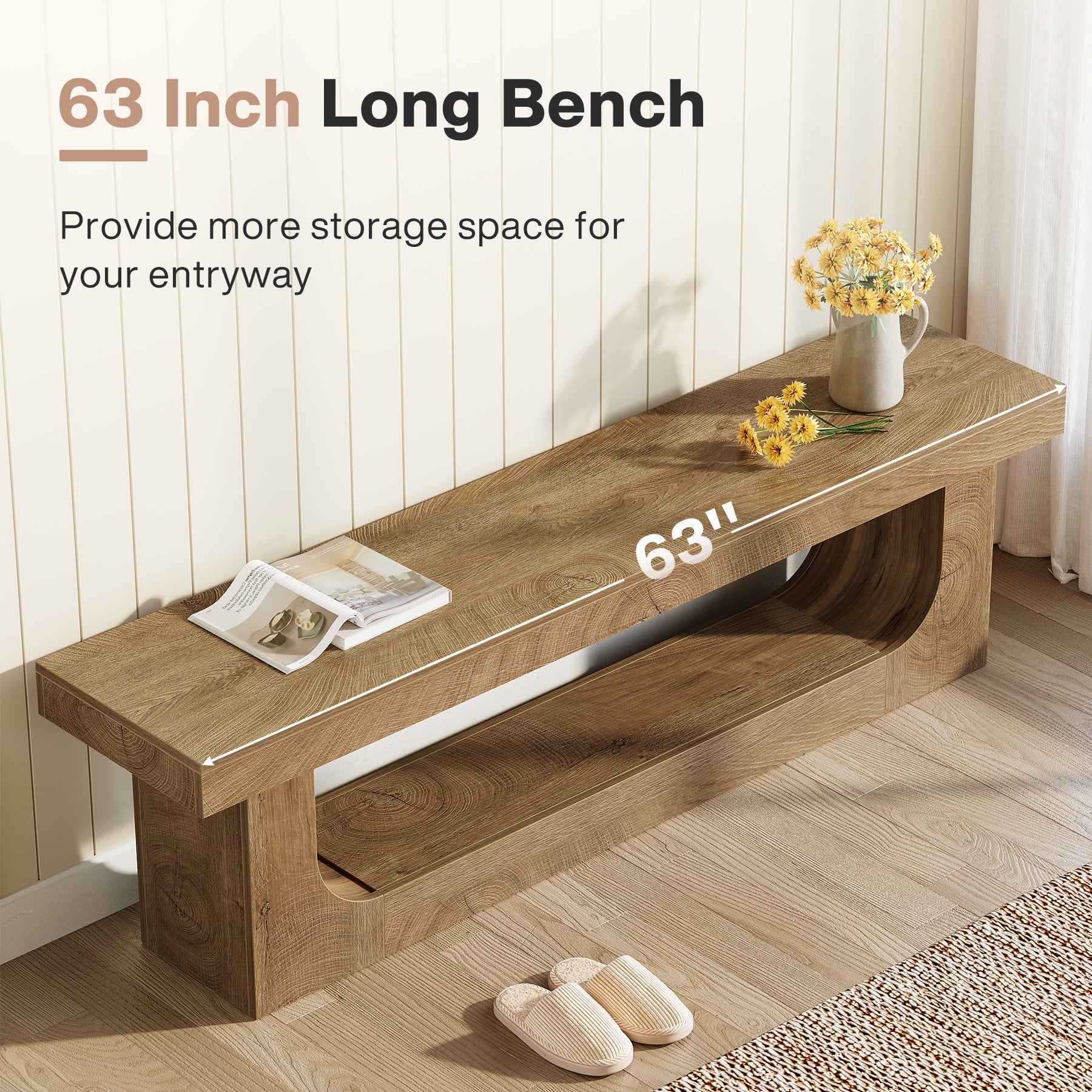 63" Entryway Bench, Large 2-Tier Hallway Foyer Shoe Bench with Storage