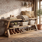 63" Entryway Storage Bench, Farmhouse Wooden Shoe Bench Seat with Storage Shelves  3