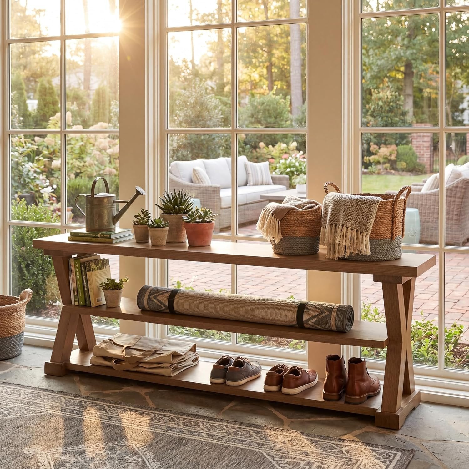 63" Entryway Storage Bench, Farmhouse Wooden Shoe Bench Seat with Storage Shelves 