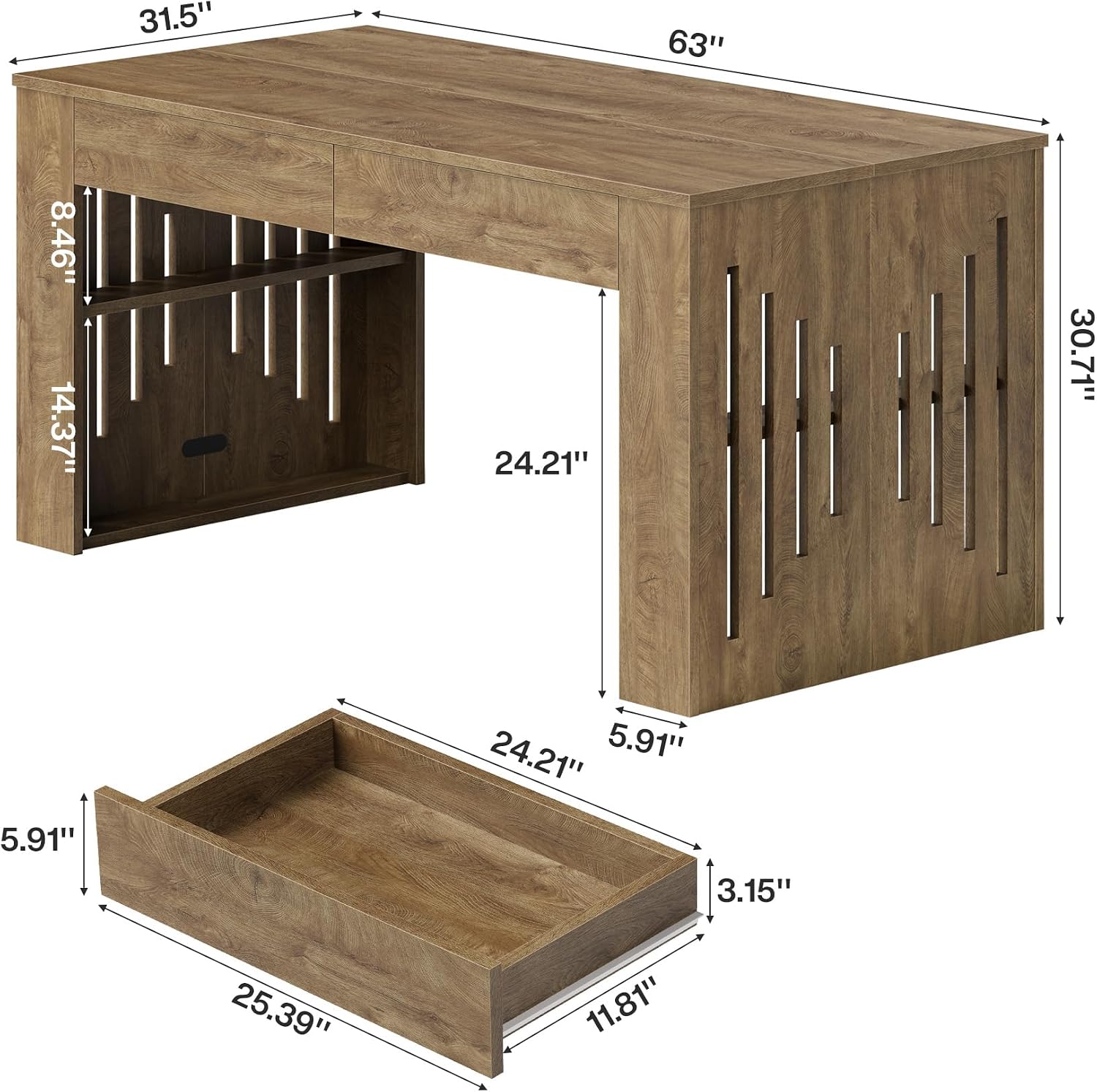 63" Executive Desk, Farmhouse Computer Desk with Drawers & Side Storage Shelf
