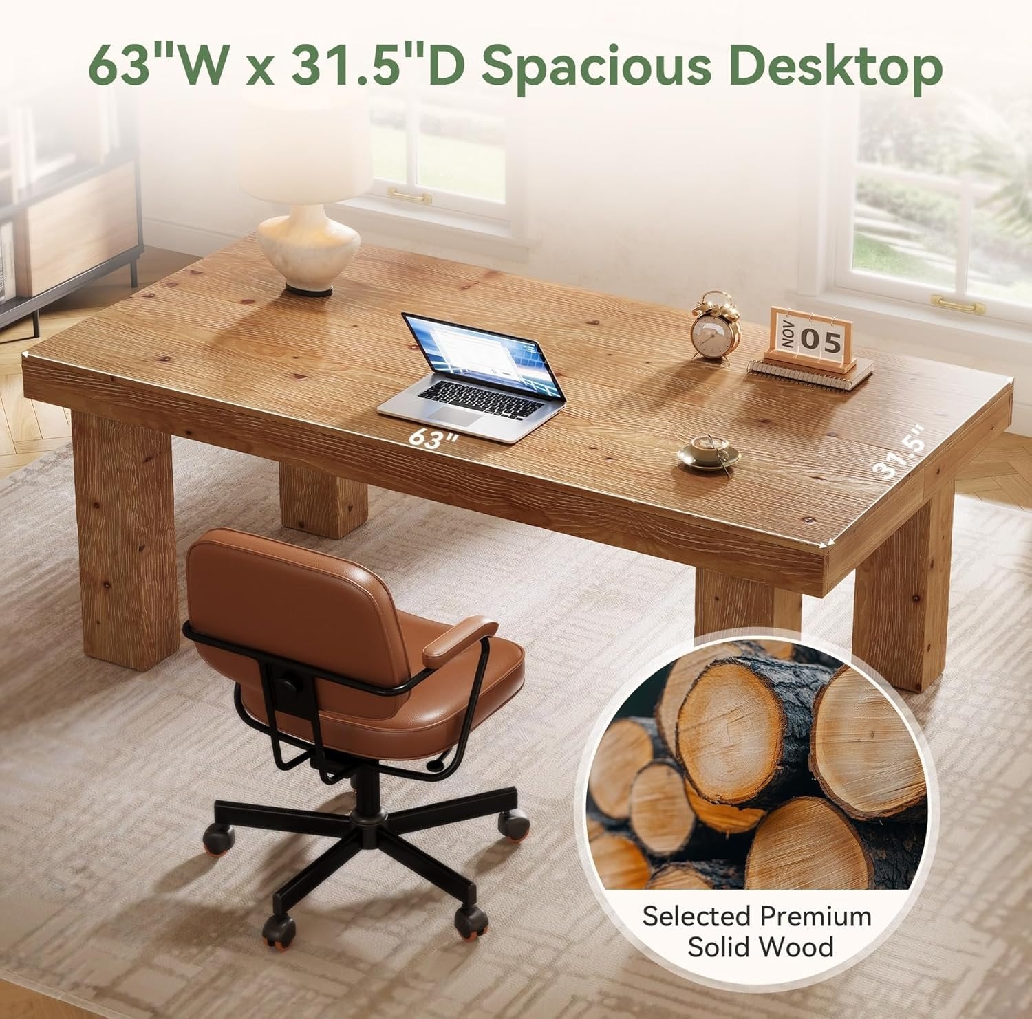 63" Executive Desk, Solid Wood Home Office Computer Desk with Sturdy Wooden Legs