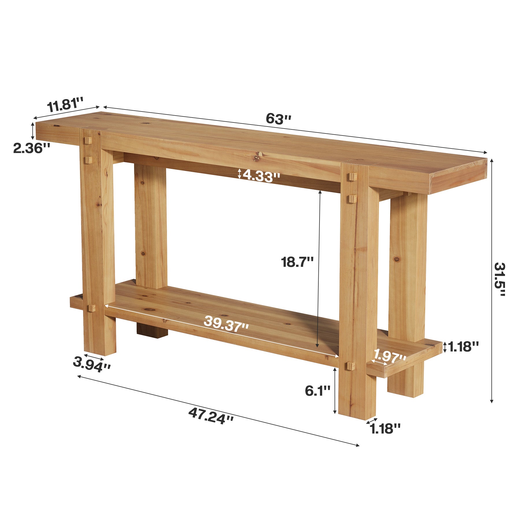 63" Farmhouse Console Table, 2-Tier Solid Wood Entryway Sofa Table