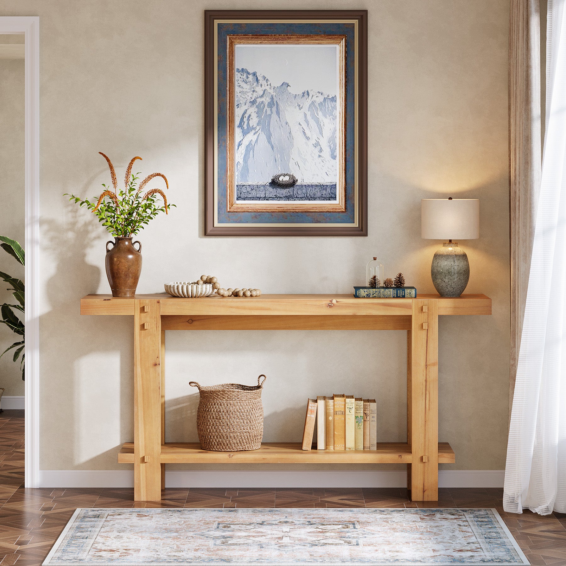 63" Farmhouse Console Table, 2-Tier Solid Wood Entryway Sofa Table