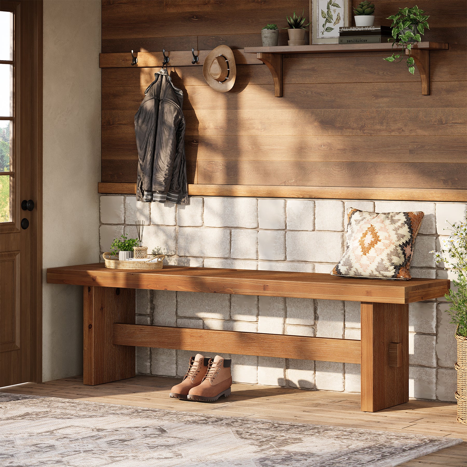 63" Farmhouse Entryway Bench, Solid Wood Indoor End of Bed Bench