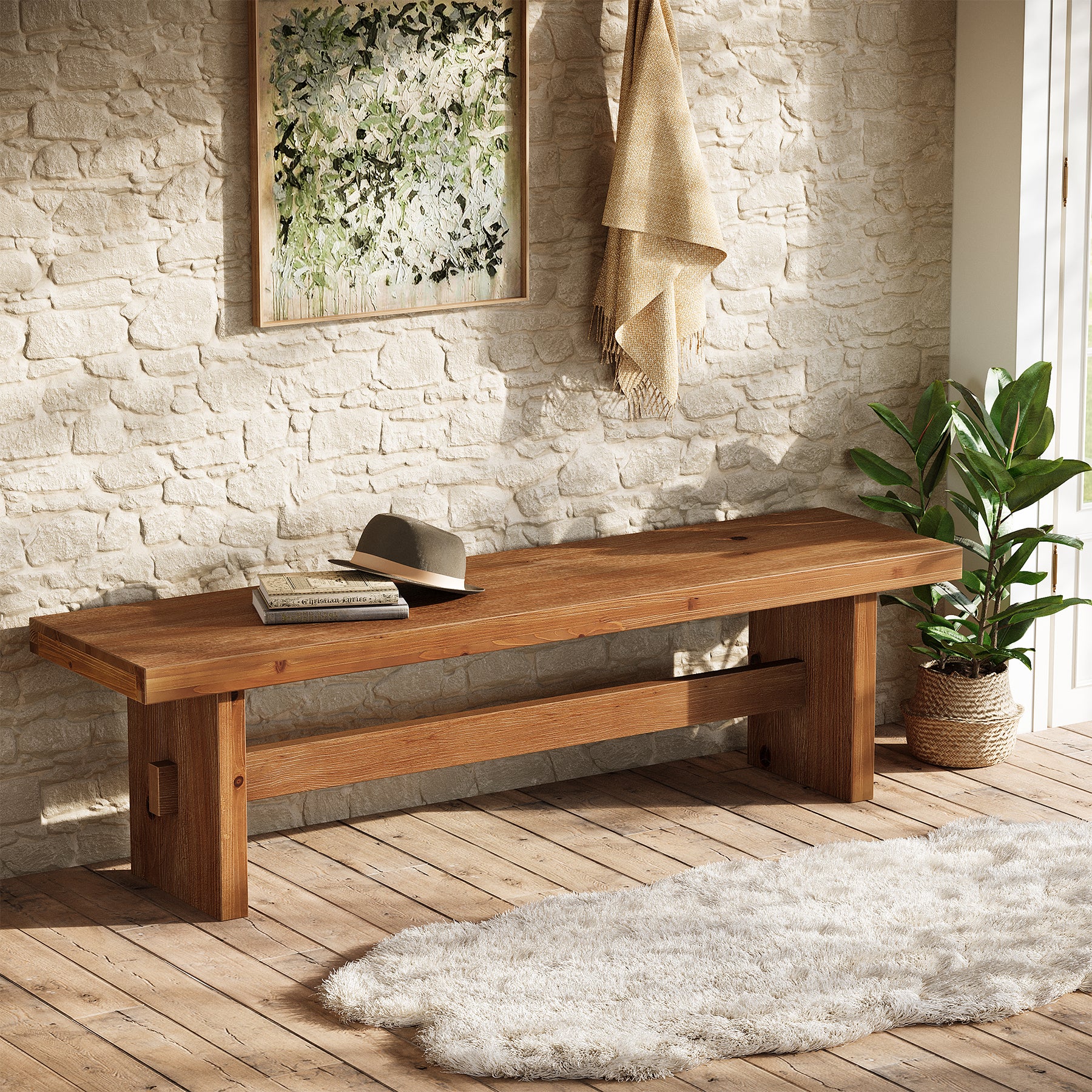 63" Farmhouse Entryway Bench, Solid Wood Indoor End of Bed Bench