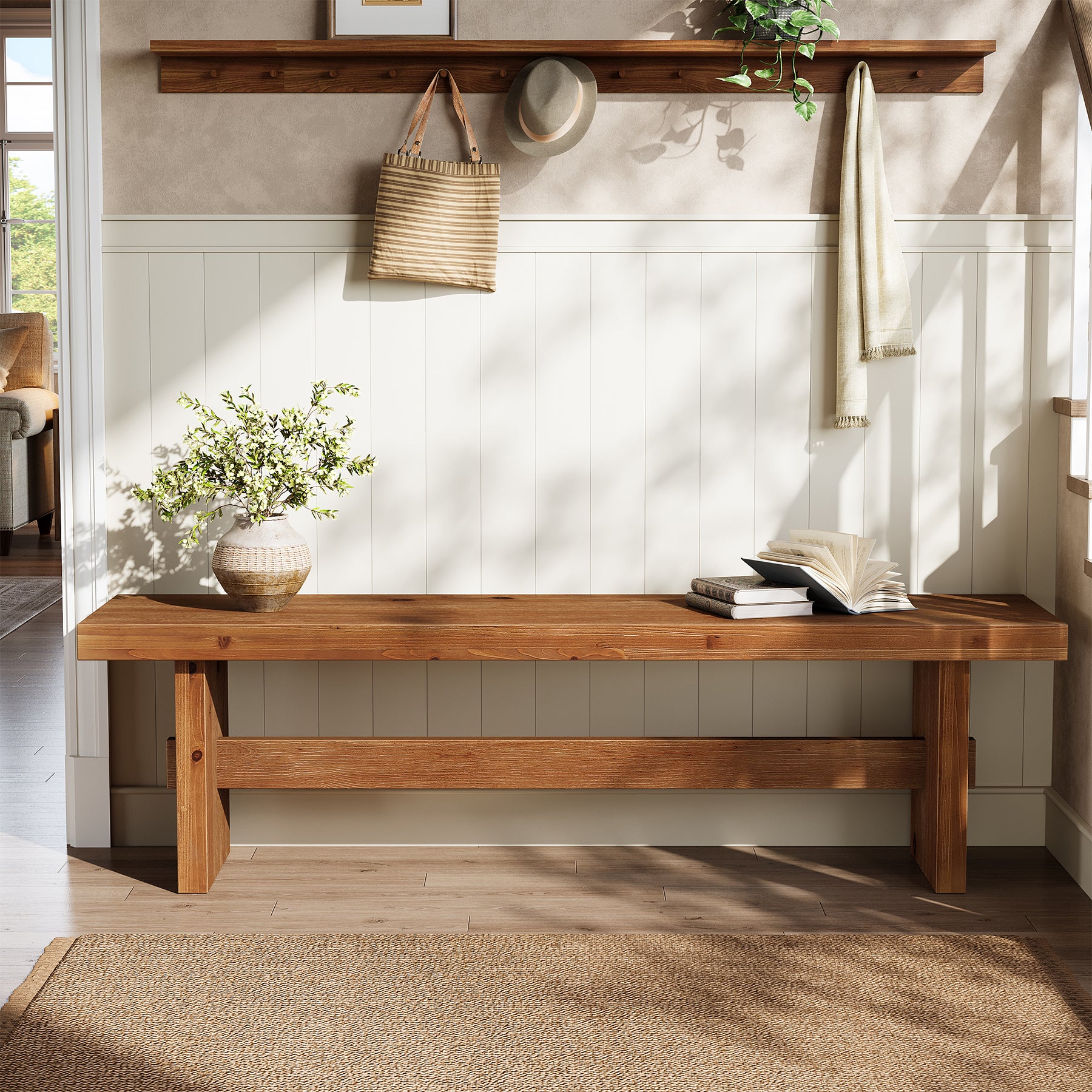 63" Farmhouse Entryway Bench, Solid Wood Indoor End of Bed Bench