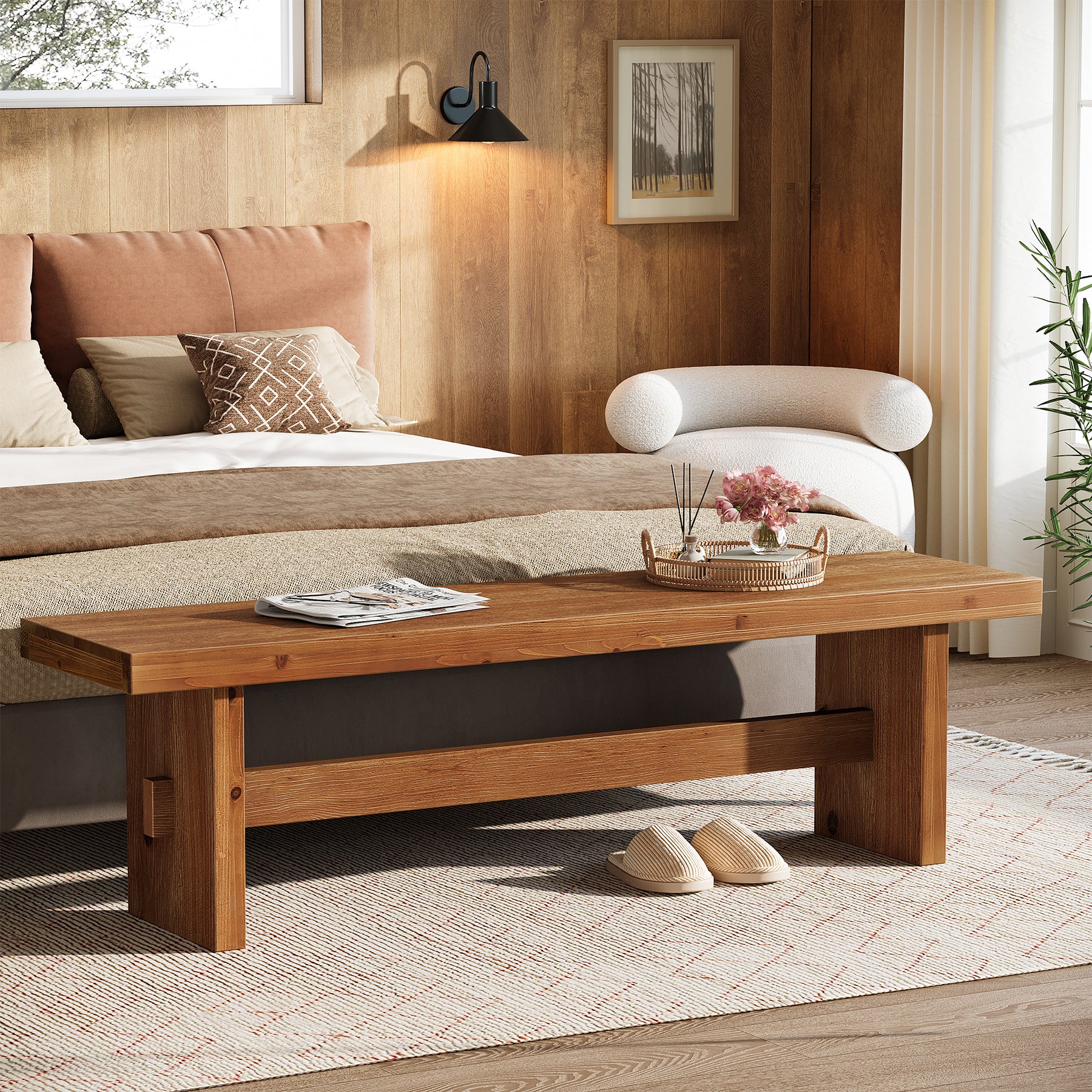 63" Farmhouse Entryway Bench, Solid Wood Indoor End of Bed Bench