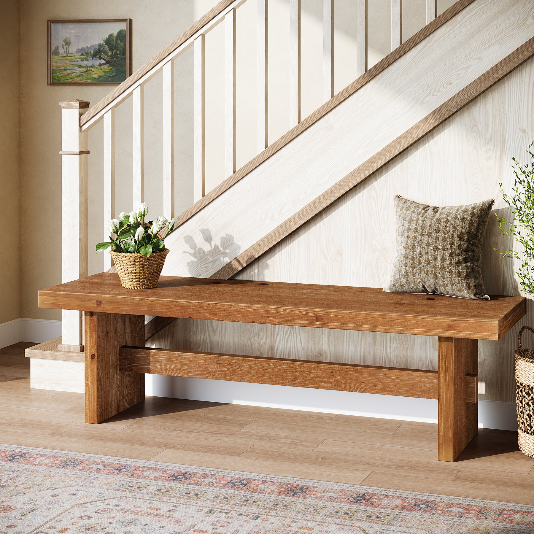 63" Farmhouse Entryway Bench, Solid Wood Indoor End of Bed Bench