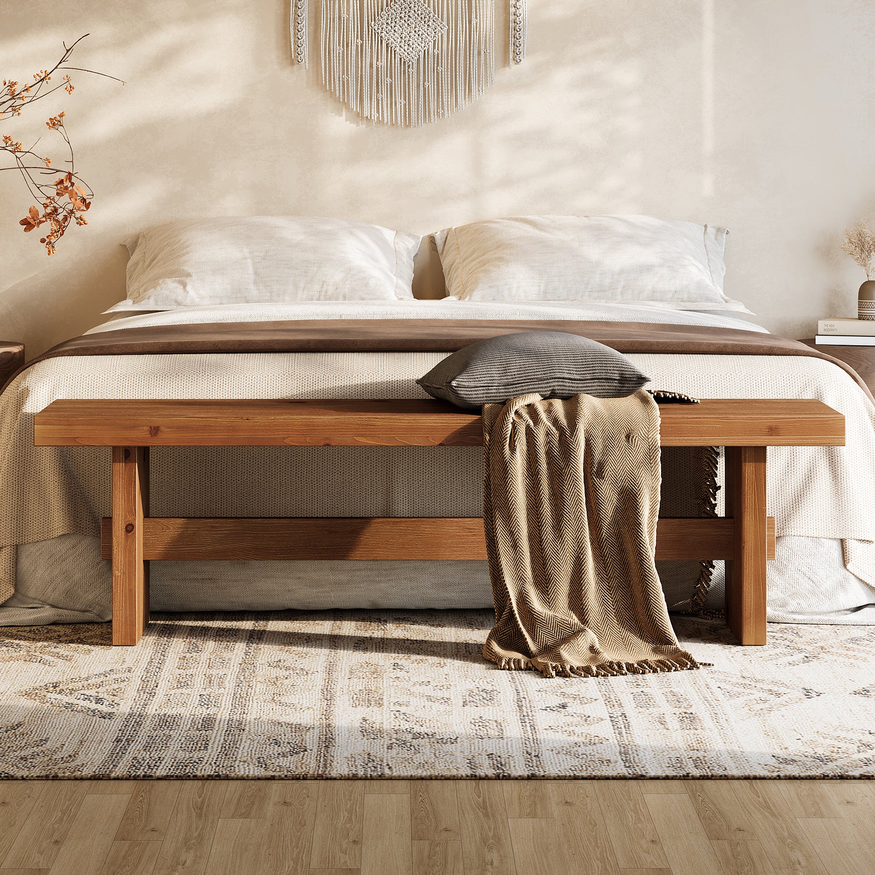 63" Farmhouse Entryway Bench, Solid Wood Indoor End of Bed Bench