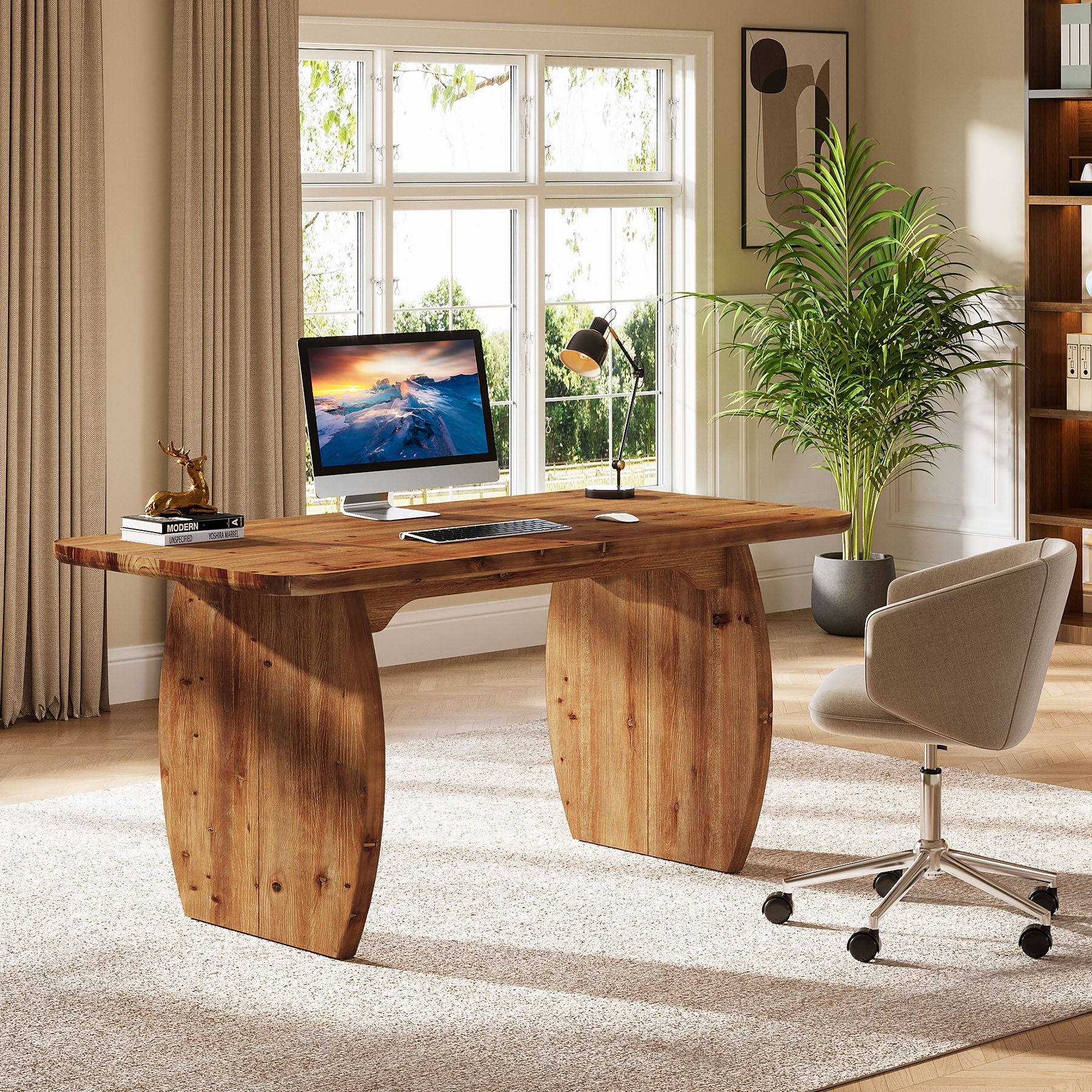 63" Farmhouse Executive Desk, Solid Wood Computer Desk for Home Office