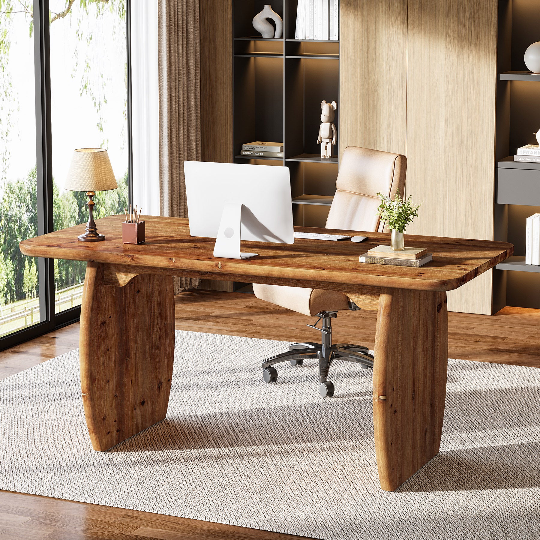 63" Farmhouse Executive Desk, Solid Wood Computer Desk for Home Office