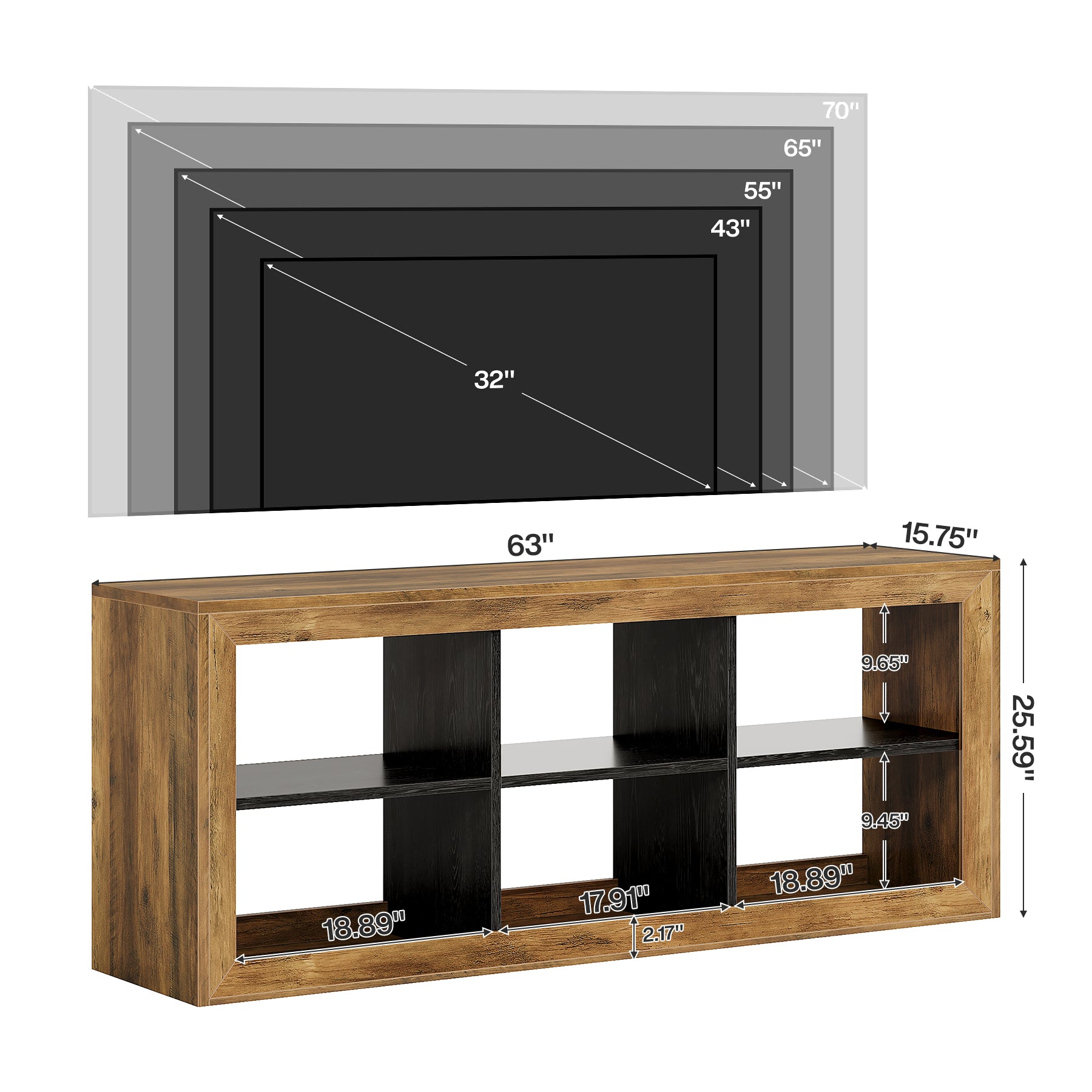 63" Farmhouse TV Stand, Entertainment Center with 6 Storage Cubes for Up to 70" TVs
