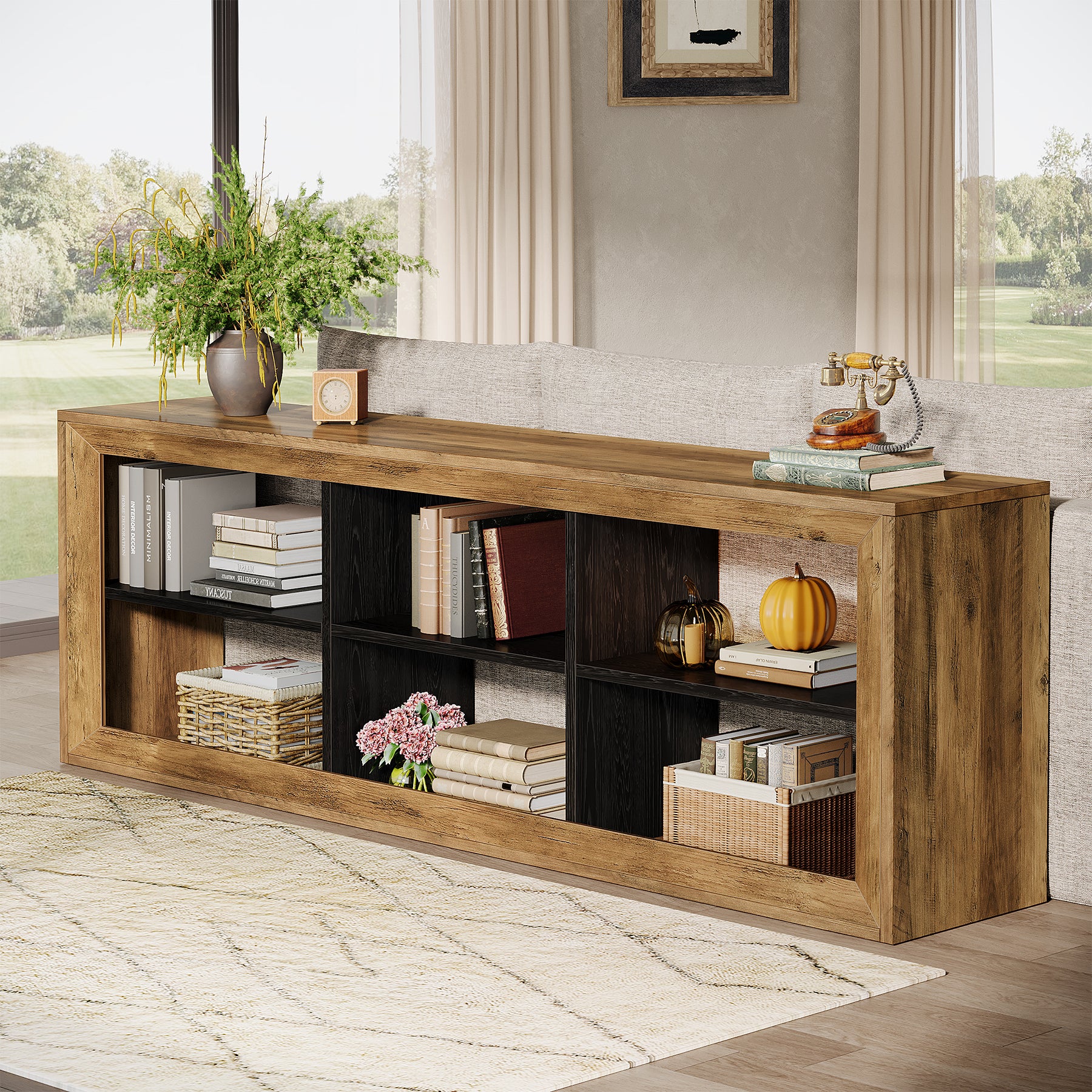 63" Farmhouse TV Stand, Entertainment Center with 6 Storage Cubes for Up to 70" TVs