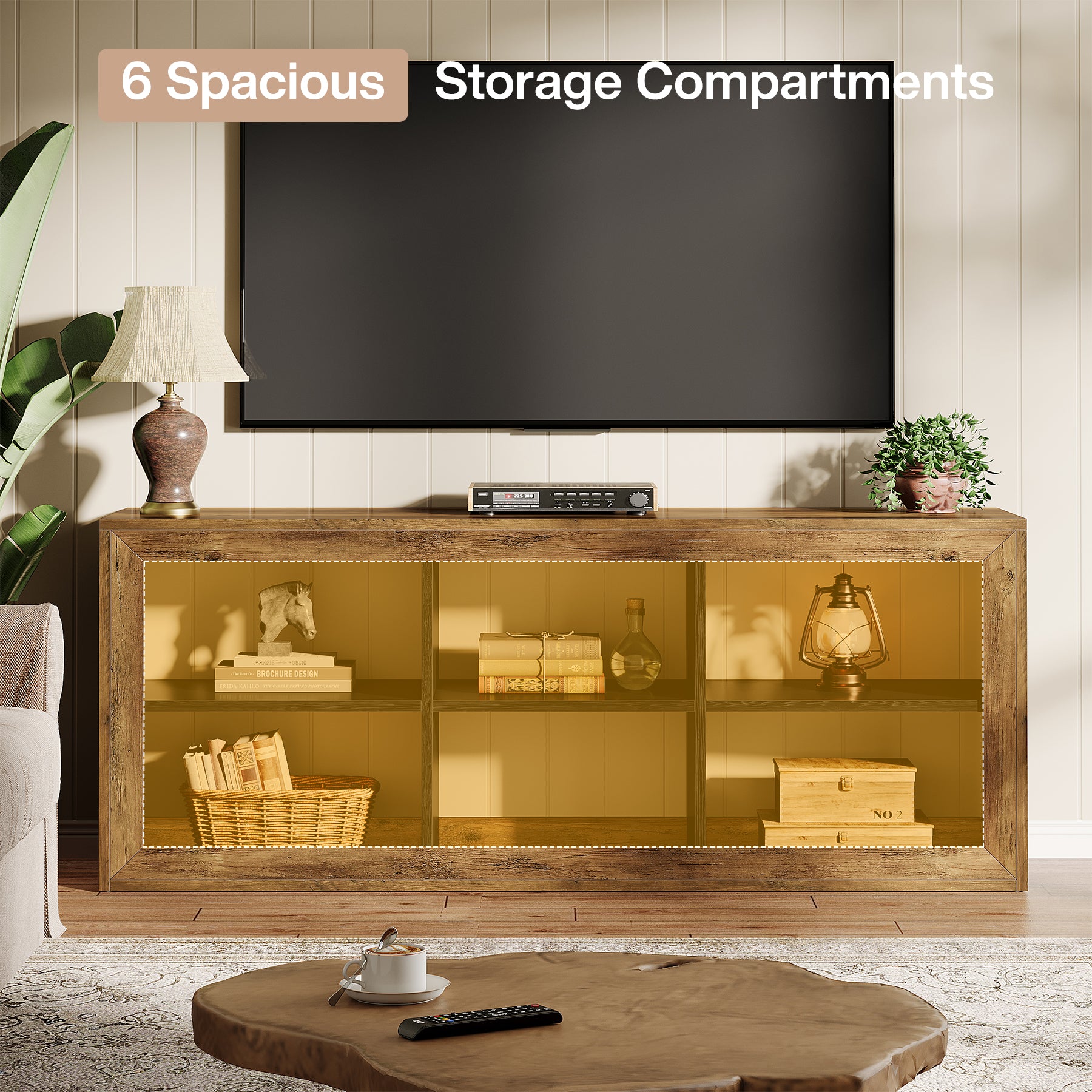 63" Farmhouse TV Stand, Entertainment Center with 6 Storage Cubes for Up to 70" TVs