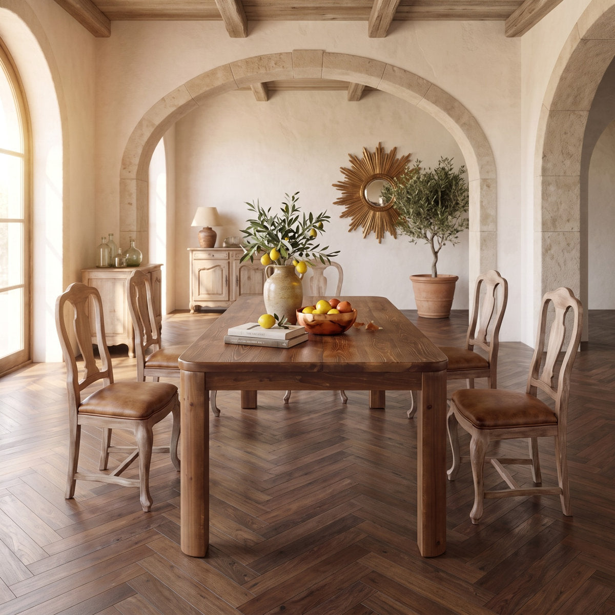 63" Solid Wood Dining Table, Rectangular Rounded Edge Farmhouse Kitchen Table
