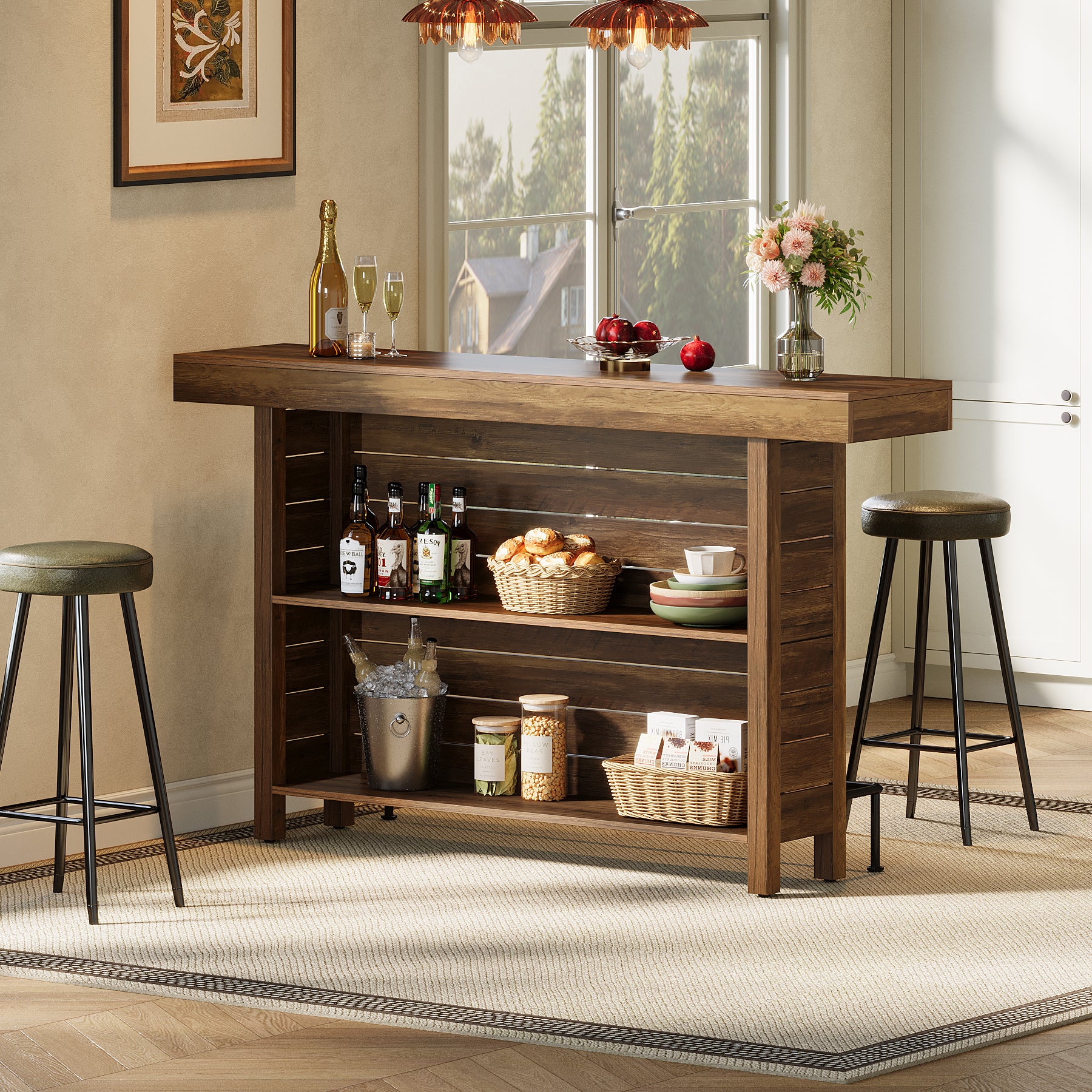 63" Industrial Bar Table, 3-Tier Home Bar Unite Pub Table with Metal Footrest