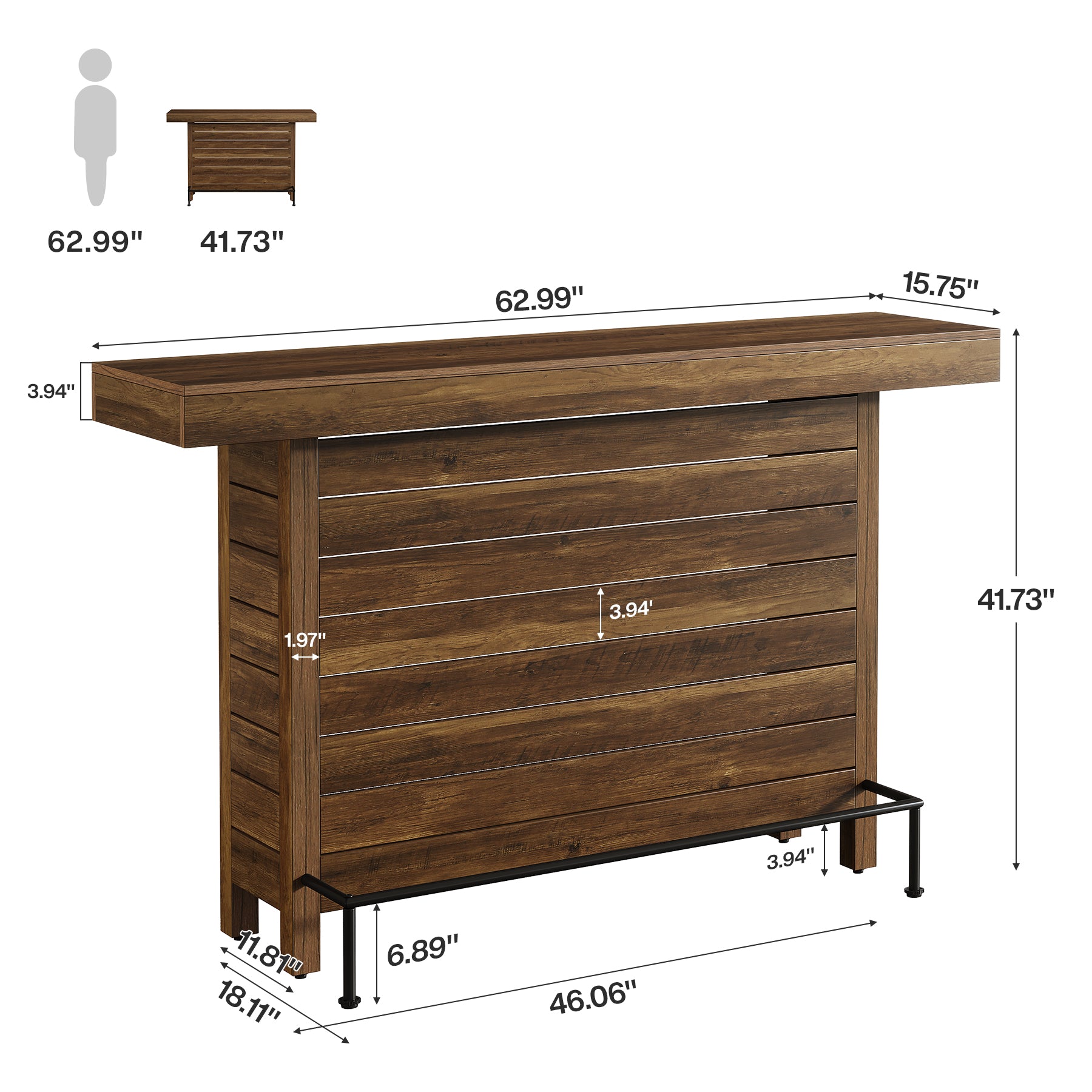 63" Industrial Bar Table, 3-Tier Home Bar Unite Pub Table with Metal Footrest