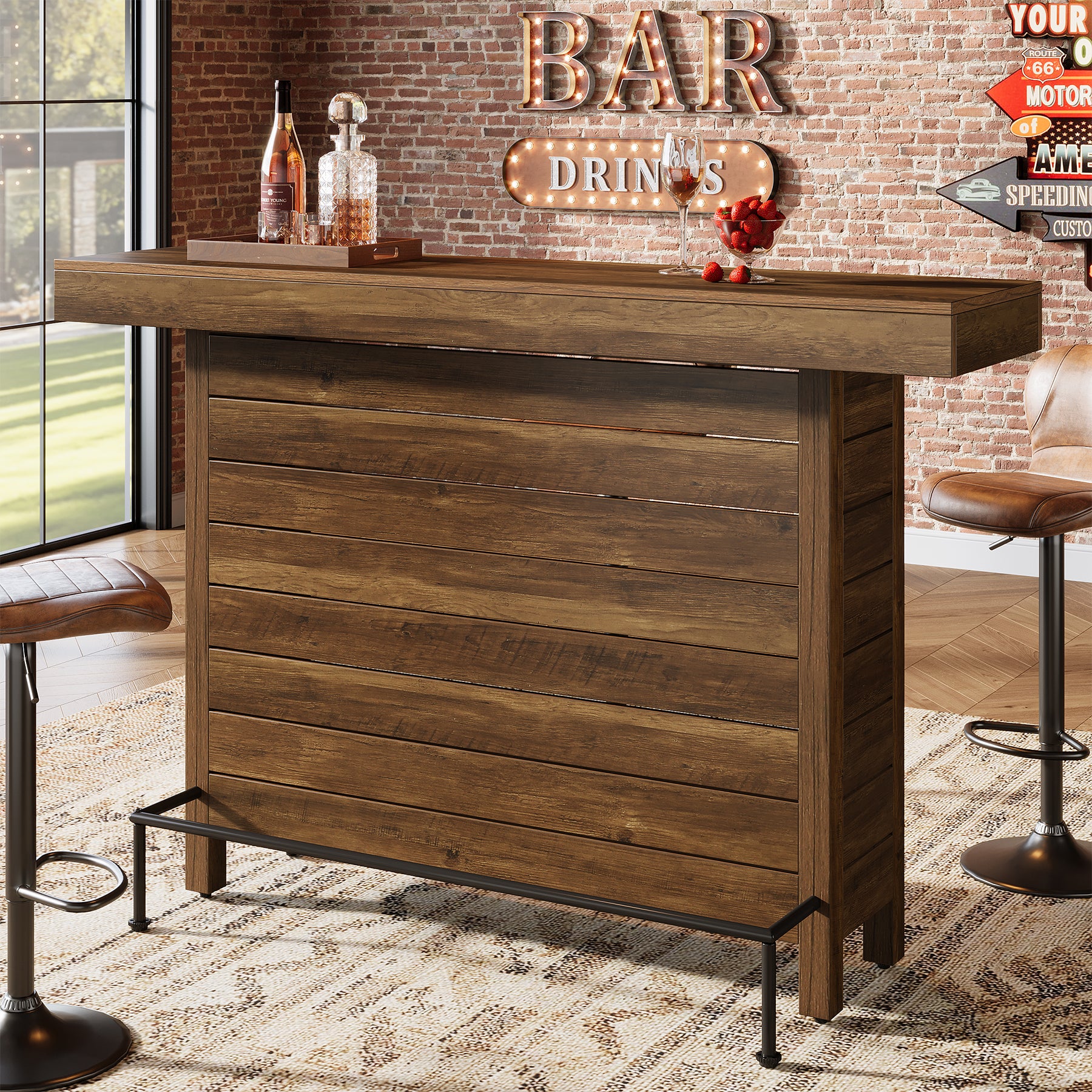63" Industrial Bar Table, 3-Tier Home Bar Unite Pub Table with Metal Footrest
