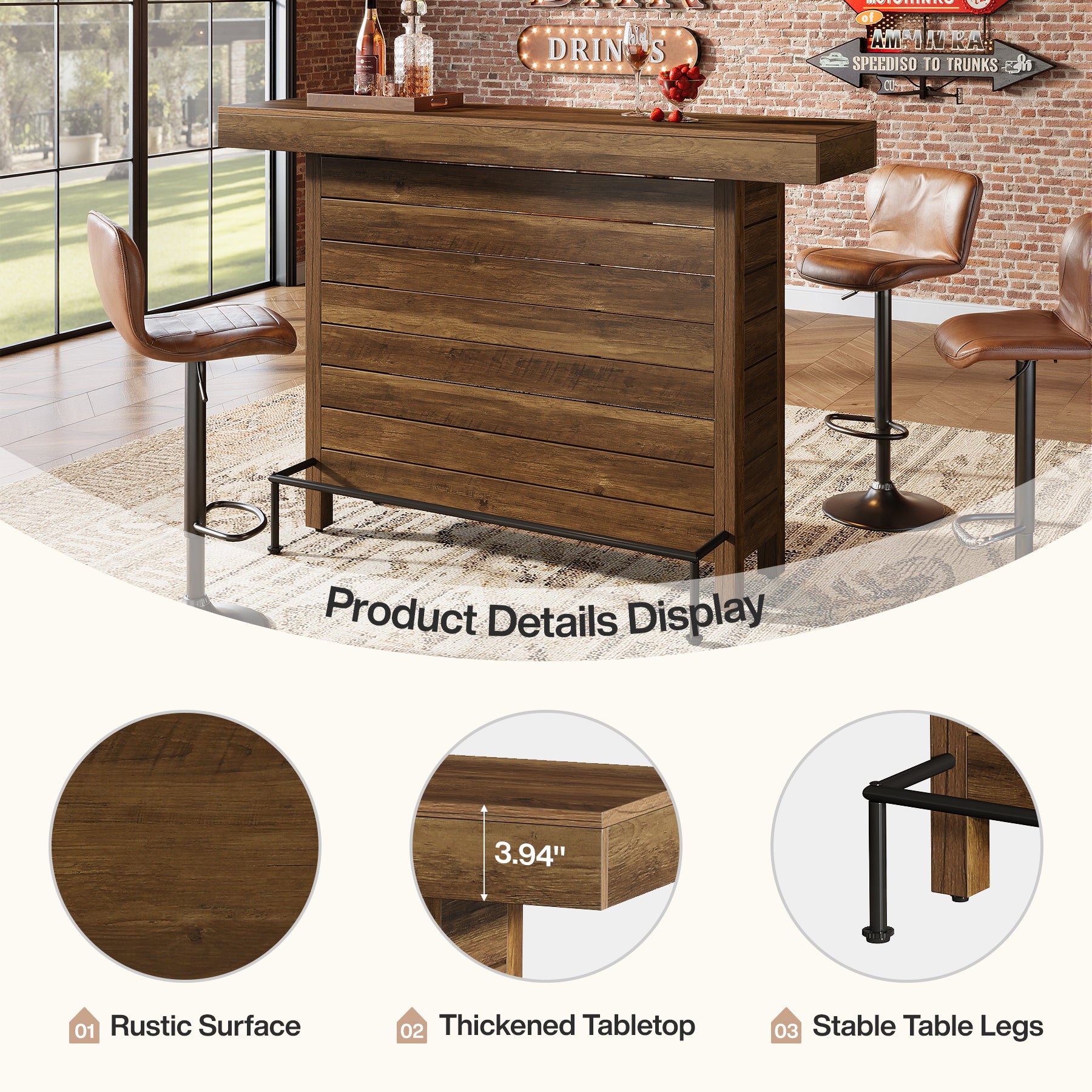 63" Industrial Bar Table, 3-Tier Home Bar Unite Pub Table with Metal Footrest