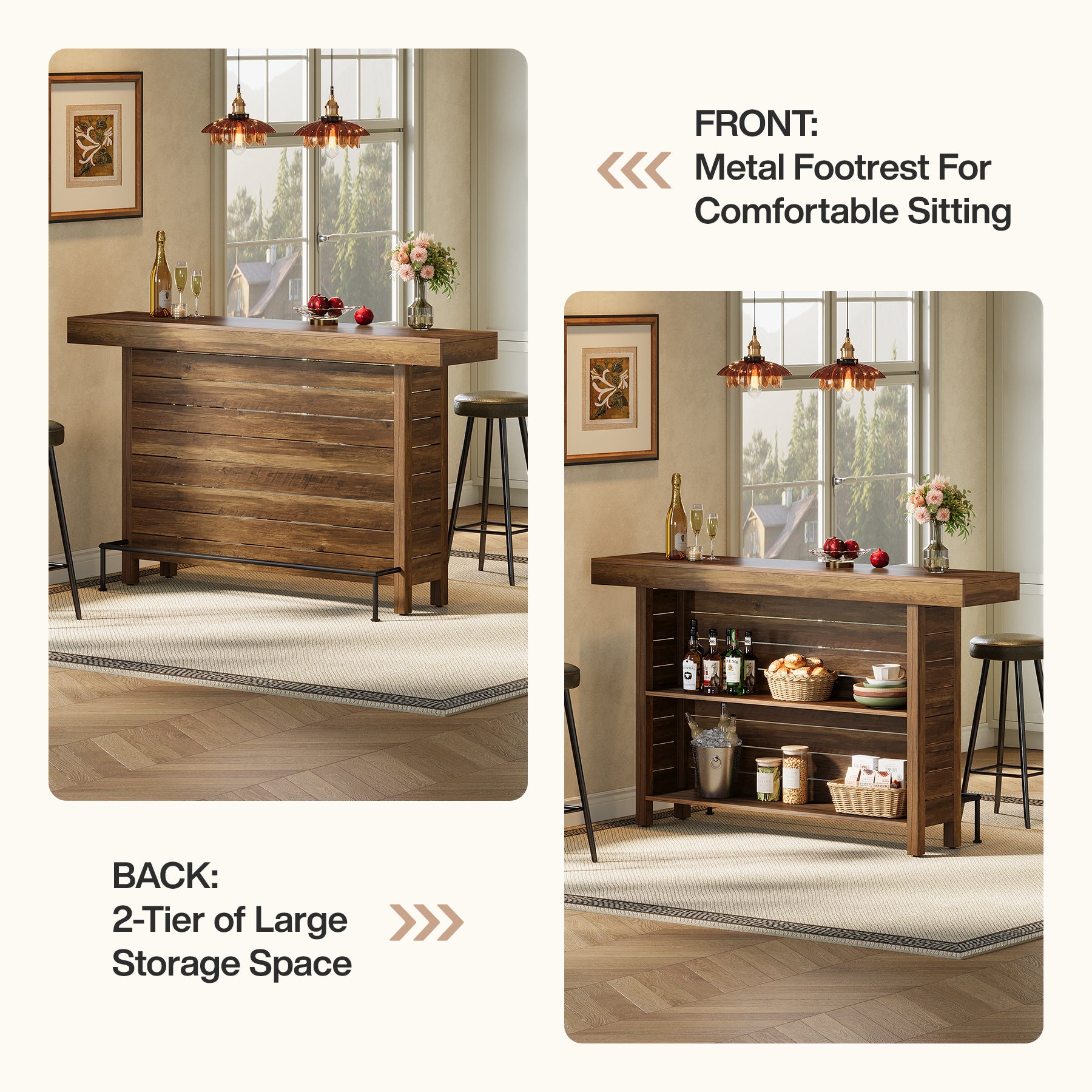 63" Industrial Bar Table, 3-Tier Home Bar Unite Pub Table with Metal Footrest