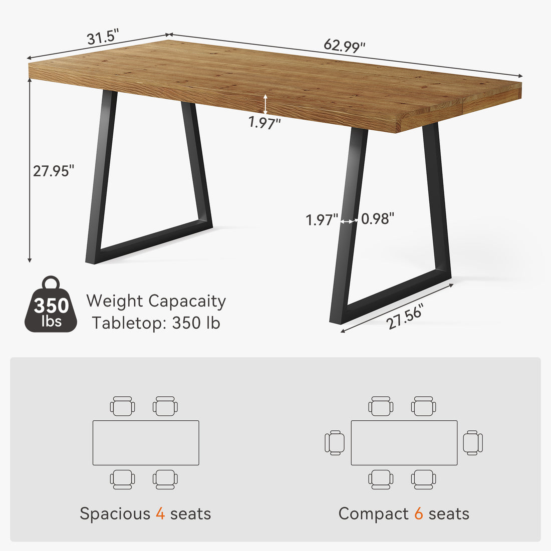 63" Dining Table, Solid Wood Rectangular Kitchen Table for 4-6 People ...