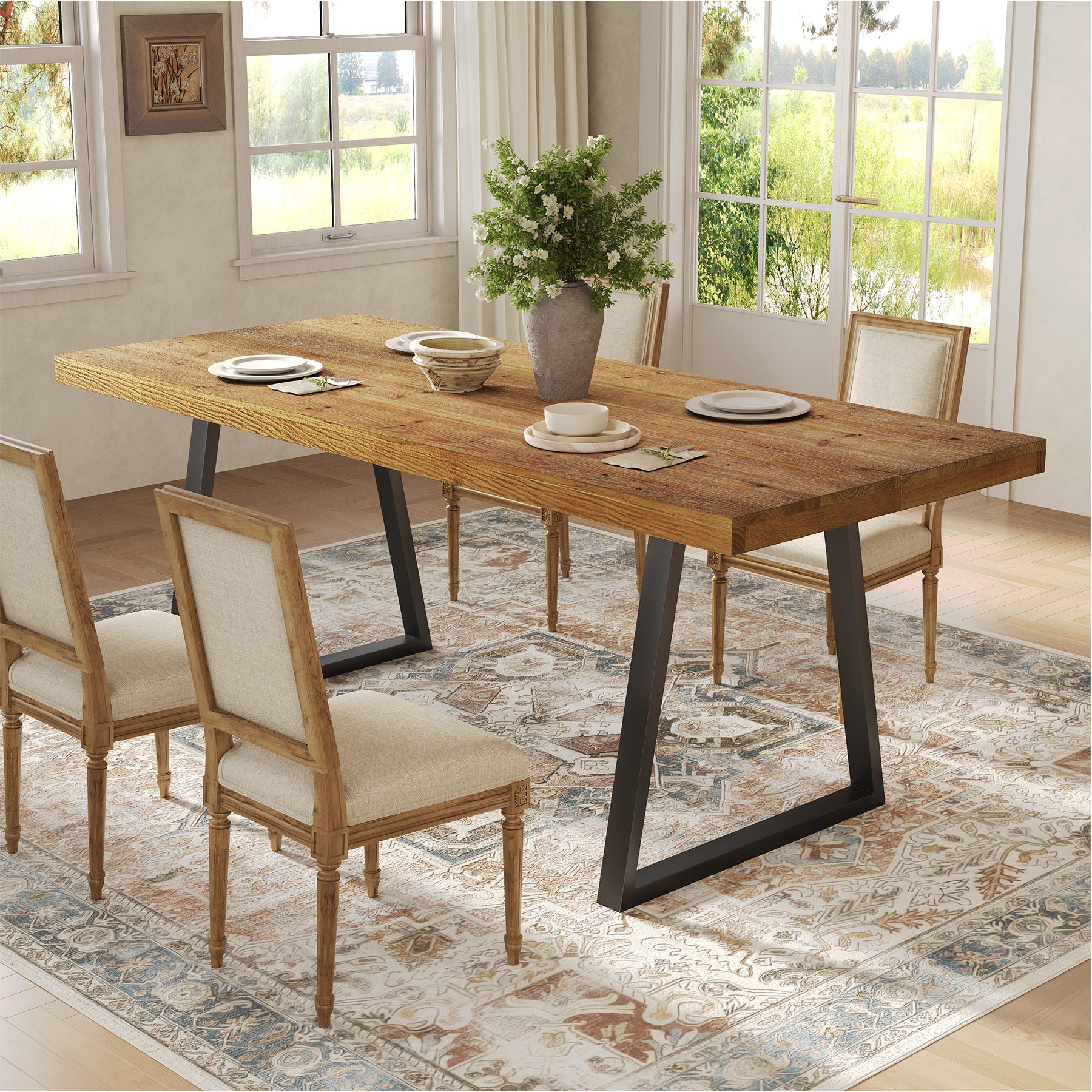 63" Industrial Dining Table, Solid Wood Rectangular Kitchen Table for 4-6 People
