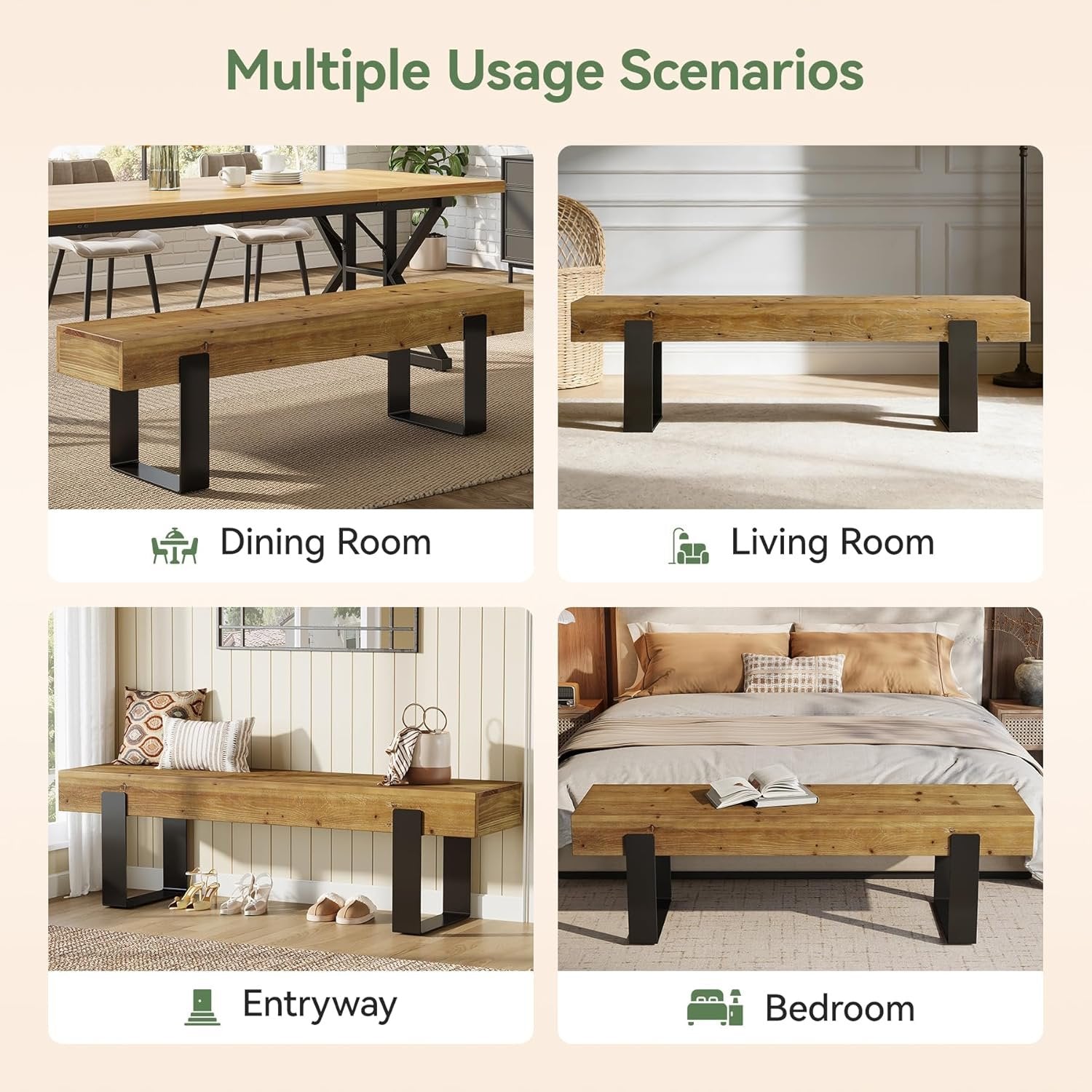 63" Industrial Entryway Bench, Farmhouse Wood Shoe Bench End of Bed Stool with Metal Legs